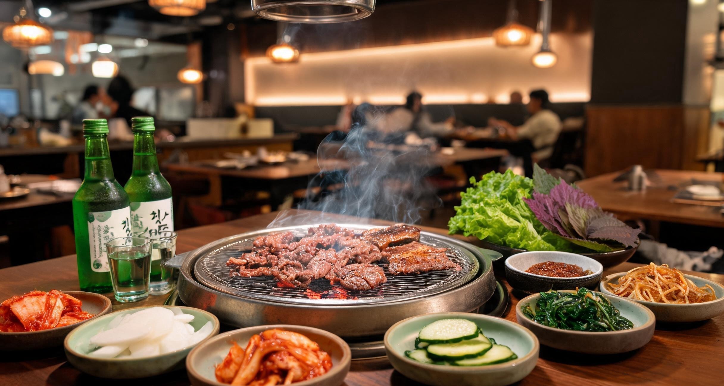 Korean BBQ at a Table in Seoul: The Banchan, the Meat, and the Soju That Keep the Grill Going