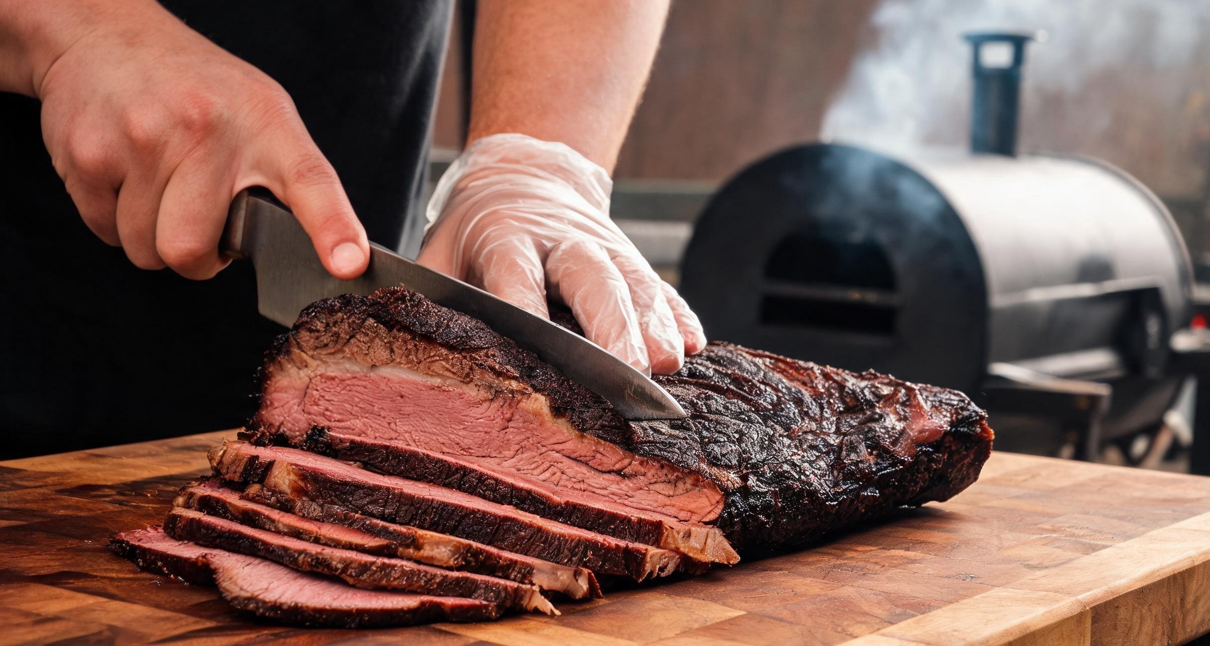 A whole brisket being sliced at a Texas barbecue joint with a long knife