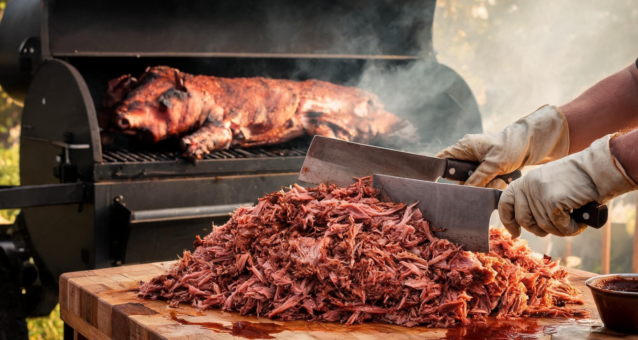Pulled pork being mixed with vinegar-based sauce in a large metal tub in North Carolina