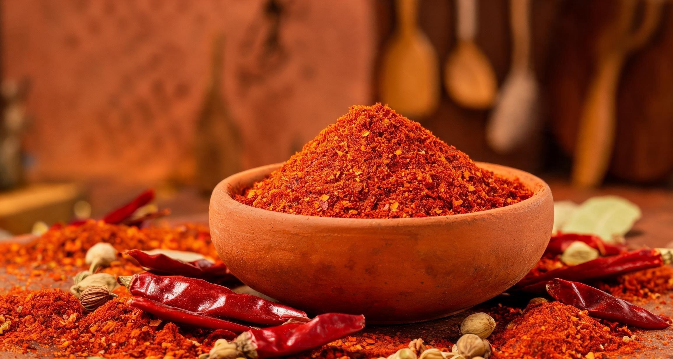 A bowl of deep red berbere spice blend beside whole dried chilies and cardamom pods