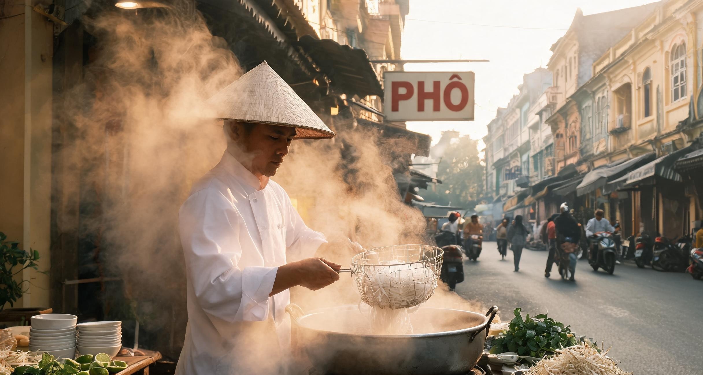 A street-side pho stall in Hanoi's Old Quarter with small plastic stools and a steaming pot