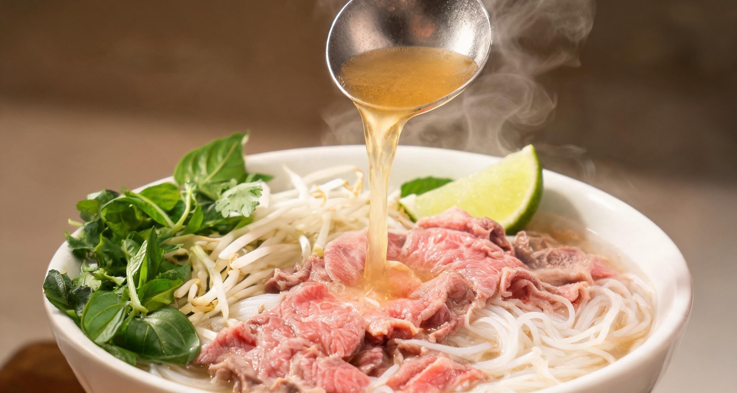 A close-up of Hanoi pho broth showing clarity and amber color