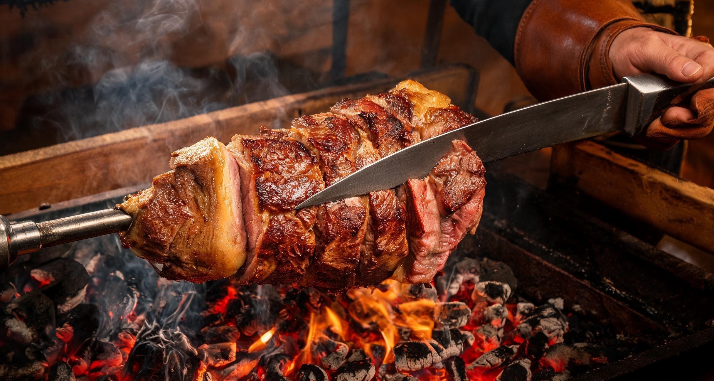 Sliced picanha served on a wooden cutting board with lime and farofa