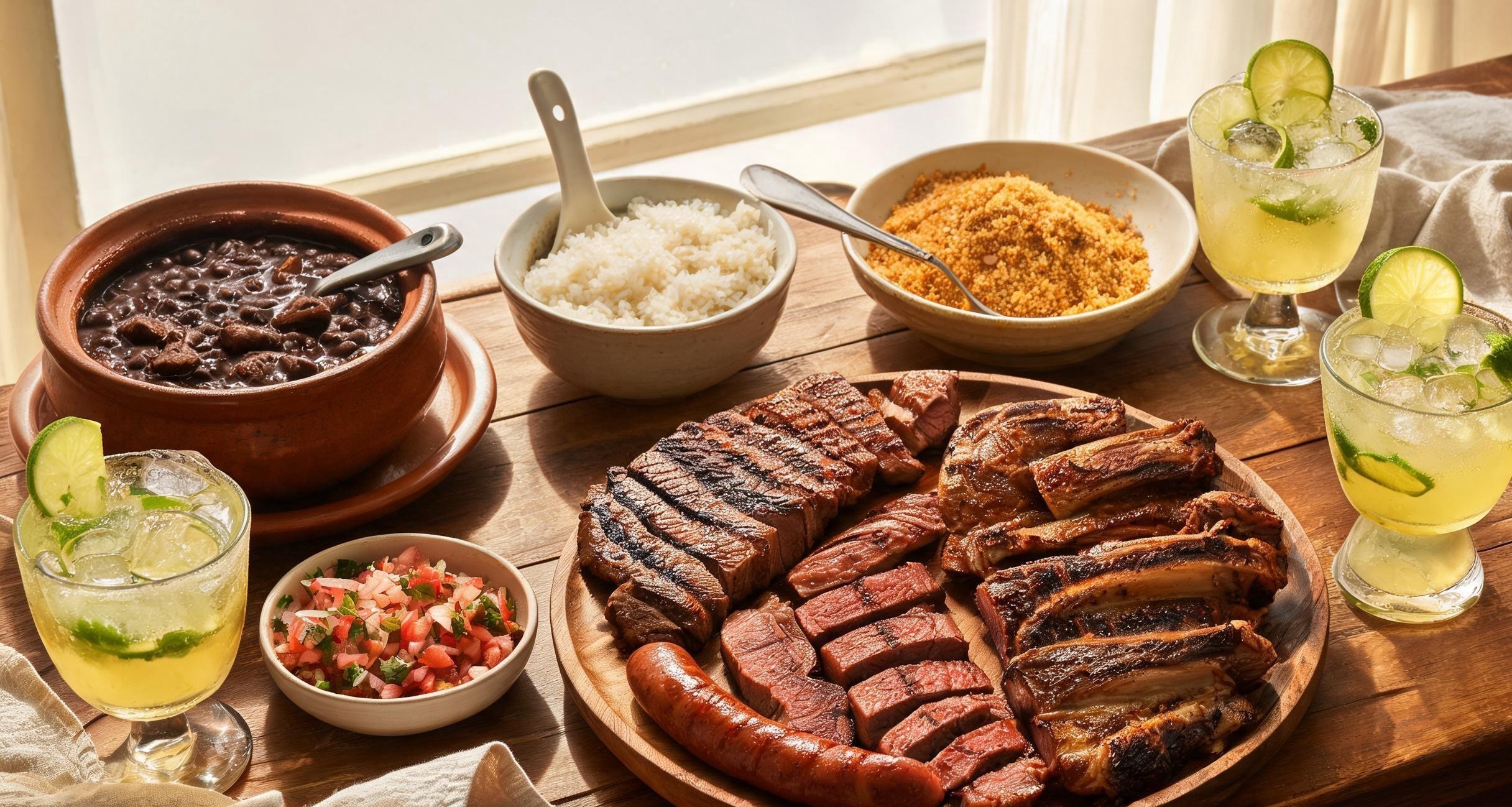 A rodizio spread with multiple grilled meats on skewers at a Brazilian steakhouse