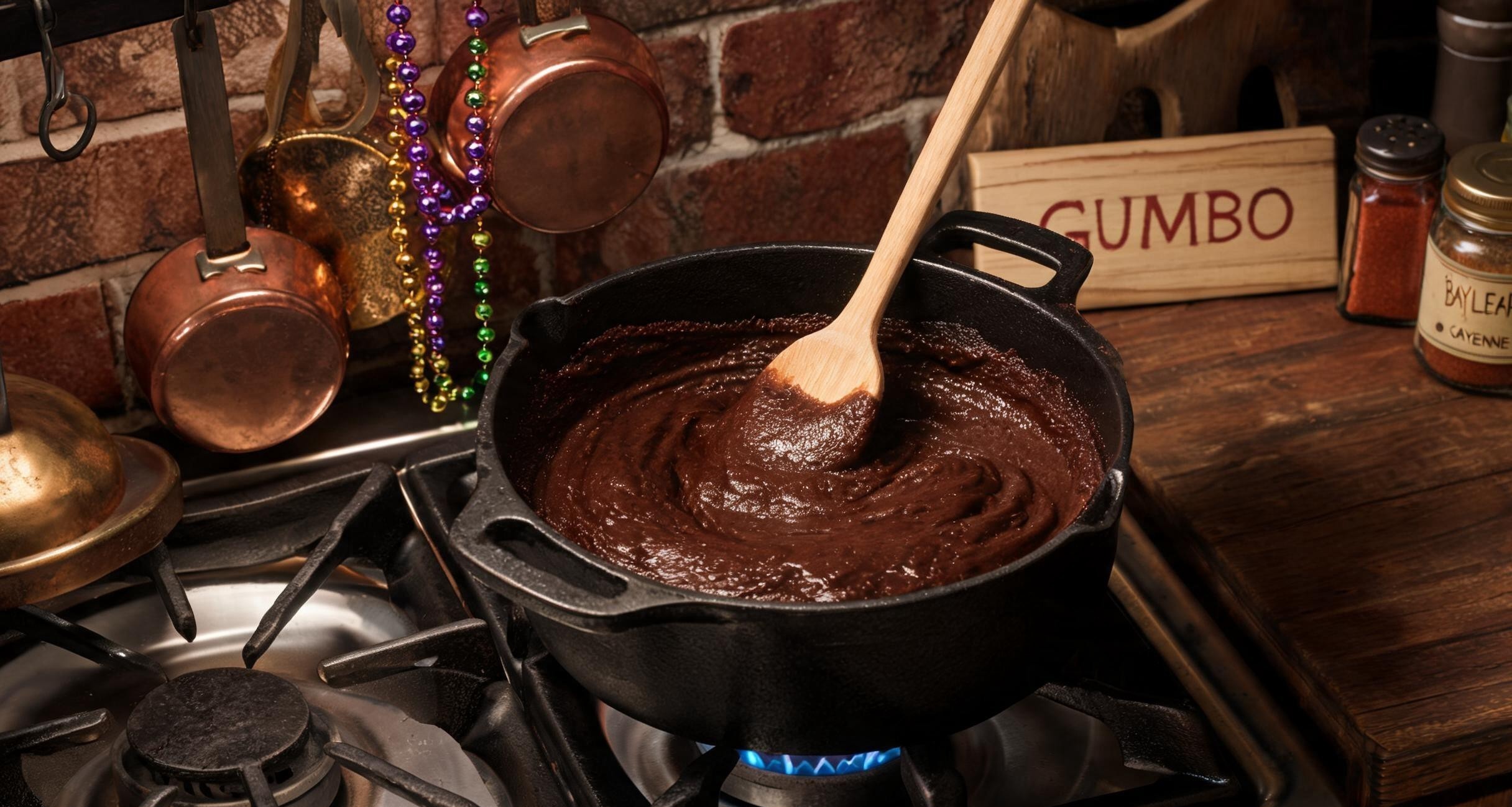 A cast iron pot with a dark chocolate-colored roux being stirred with a wooden spoon