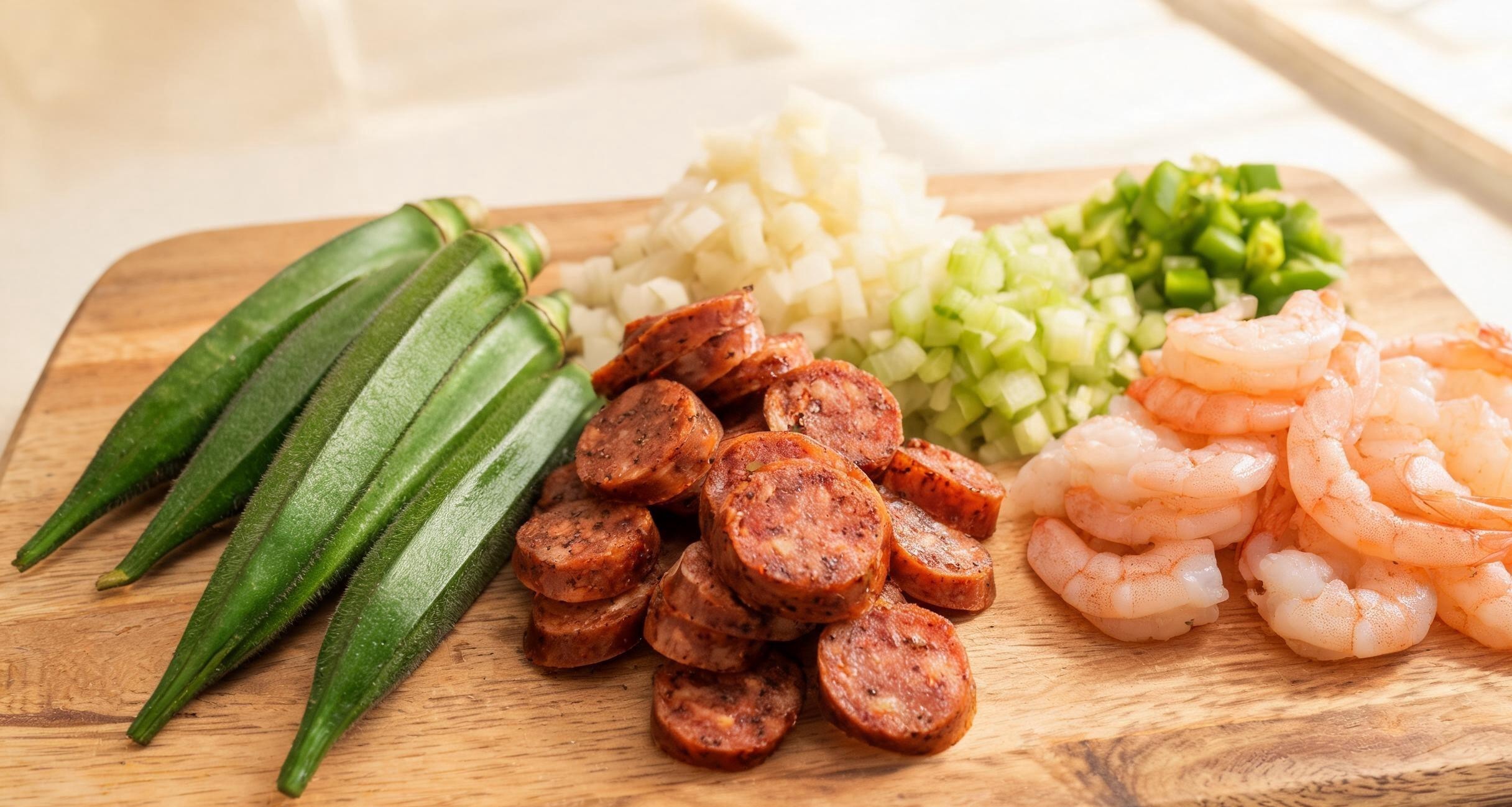 Sliced andouille sausage and whole shrimp being added to a pot of gumbo