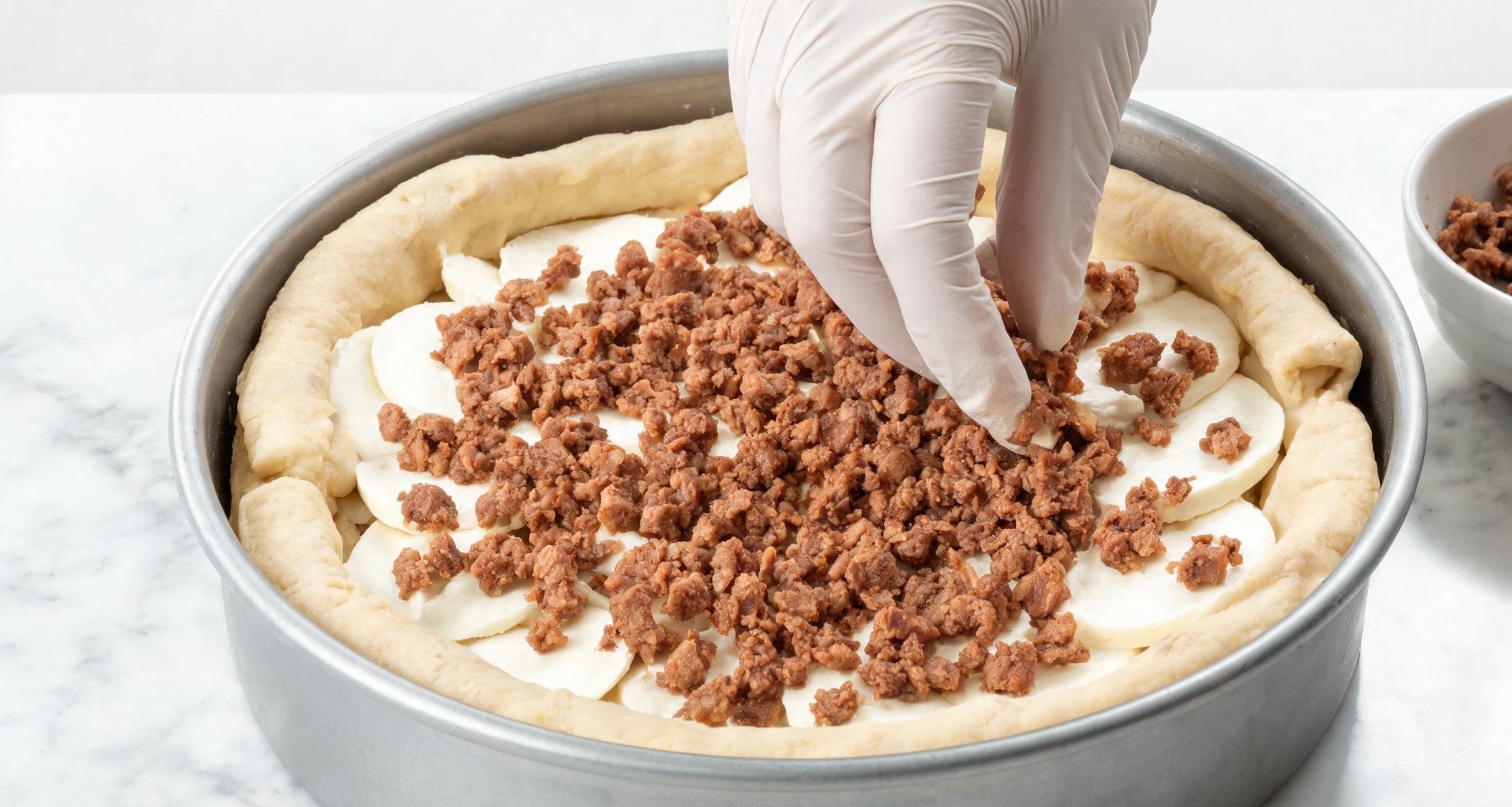 A cross-section of a deep-dish pizza showing the layered crust, cheese, and chunky tomato sauce