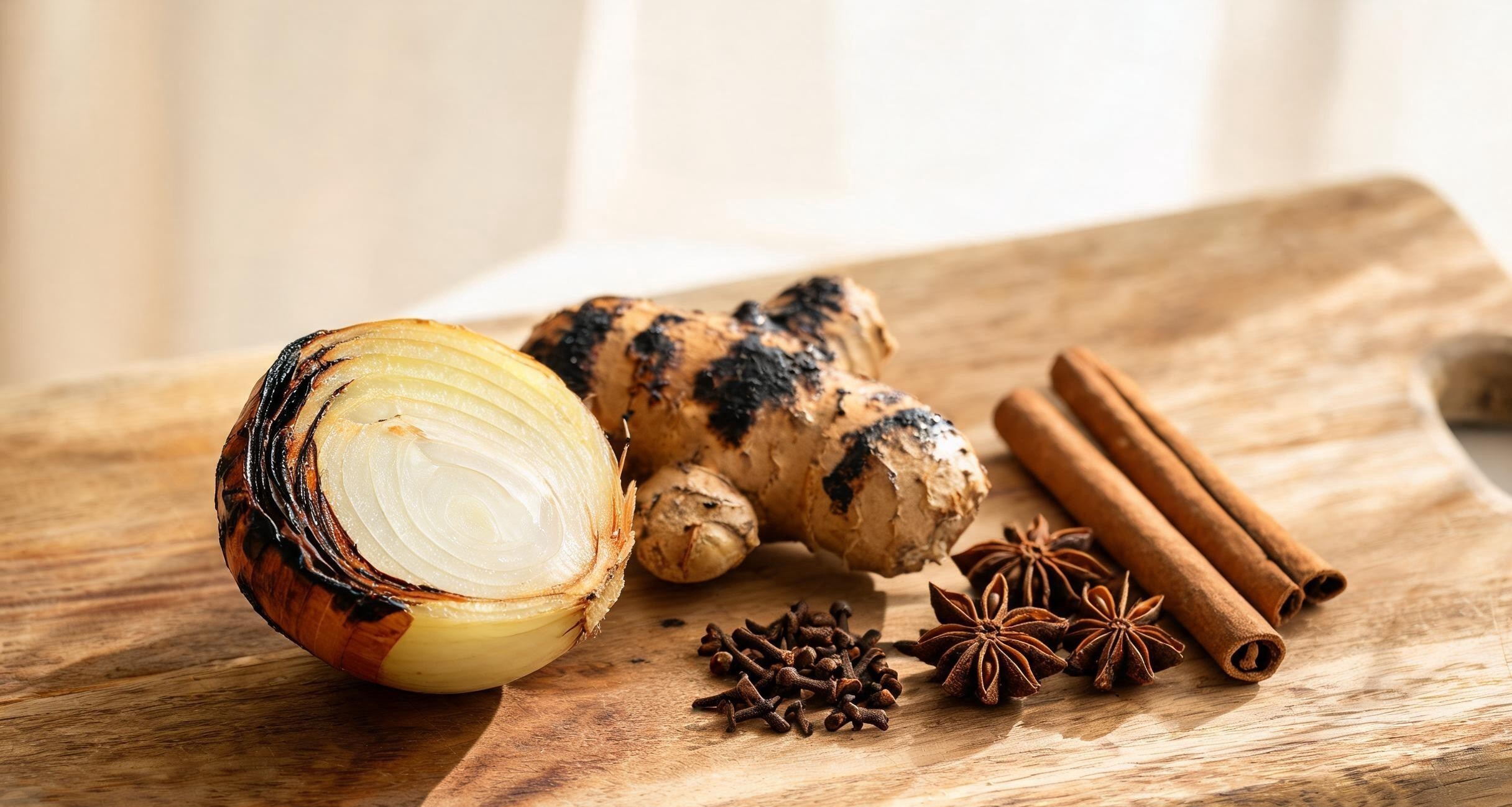 Charred ginger and onions over an open flame for the pho broth