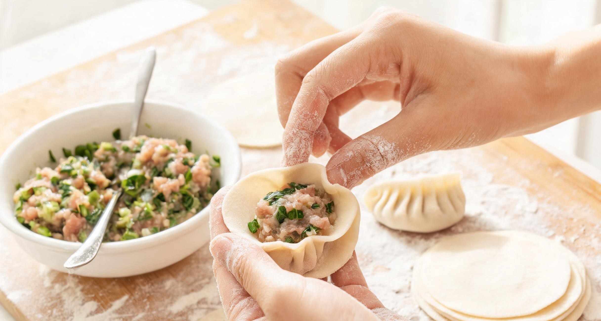 Hands folding dumpling wrappers around pork and chive filling on a flour-dusted board
