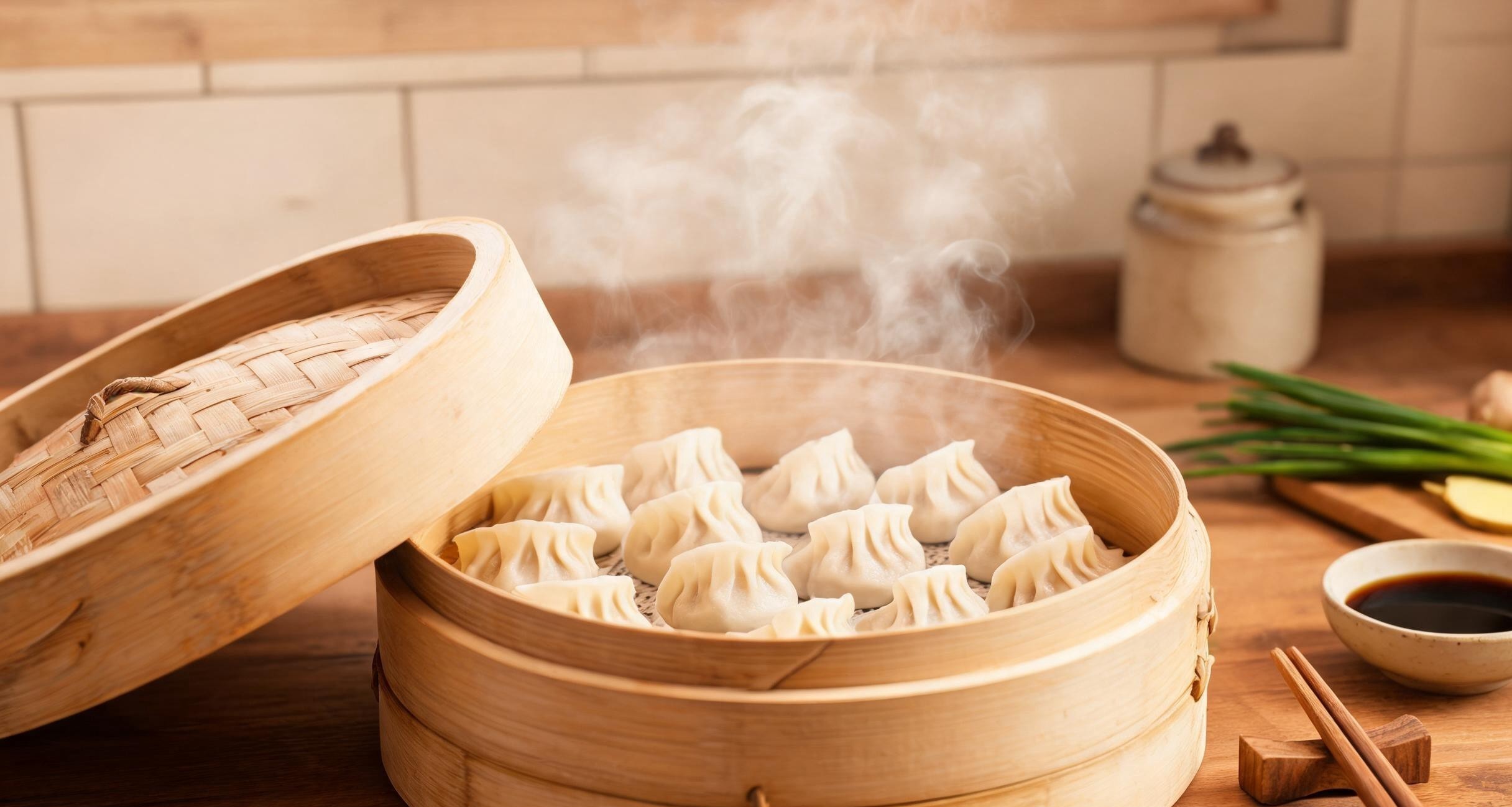 A large steamer basket being opened to reveal rows of plump cooked dumplings