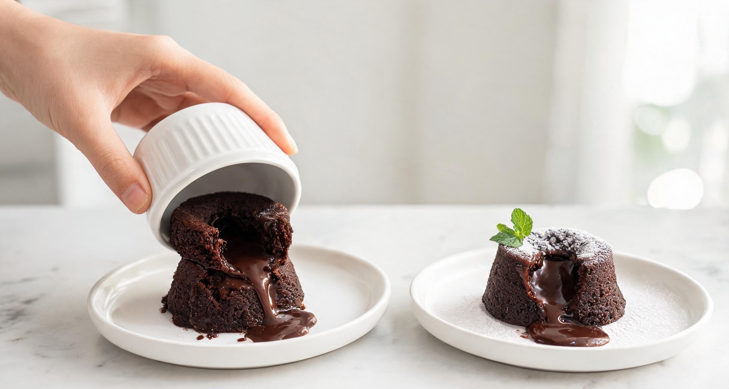 A chocolate lava cake on a plate with molten center flowing out and vanilla ice cream