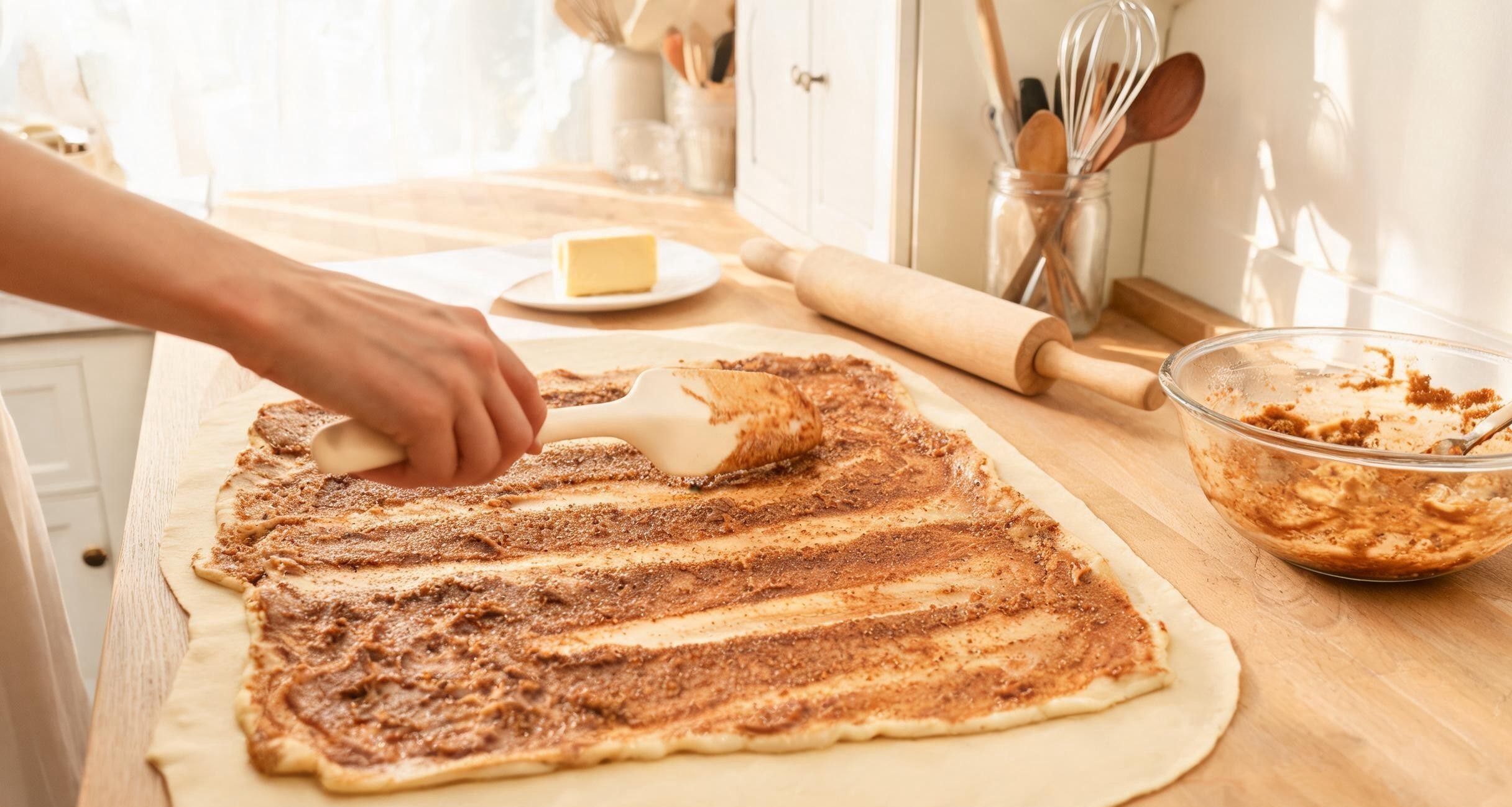 Cinnamon roll dough being rolled out on a floured surface
