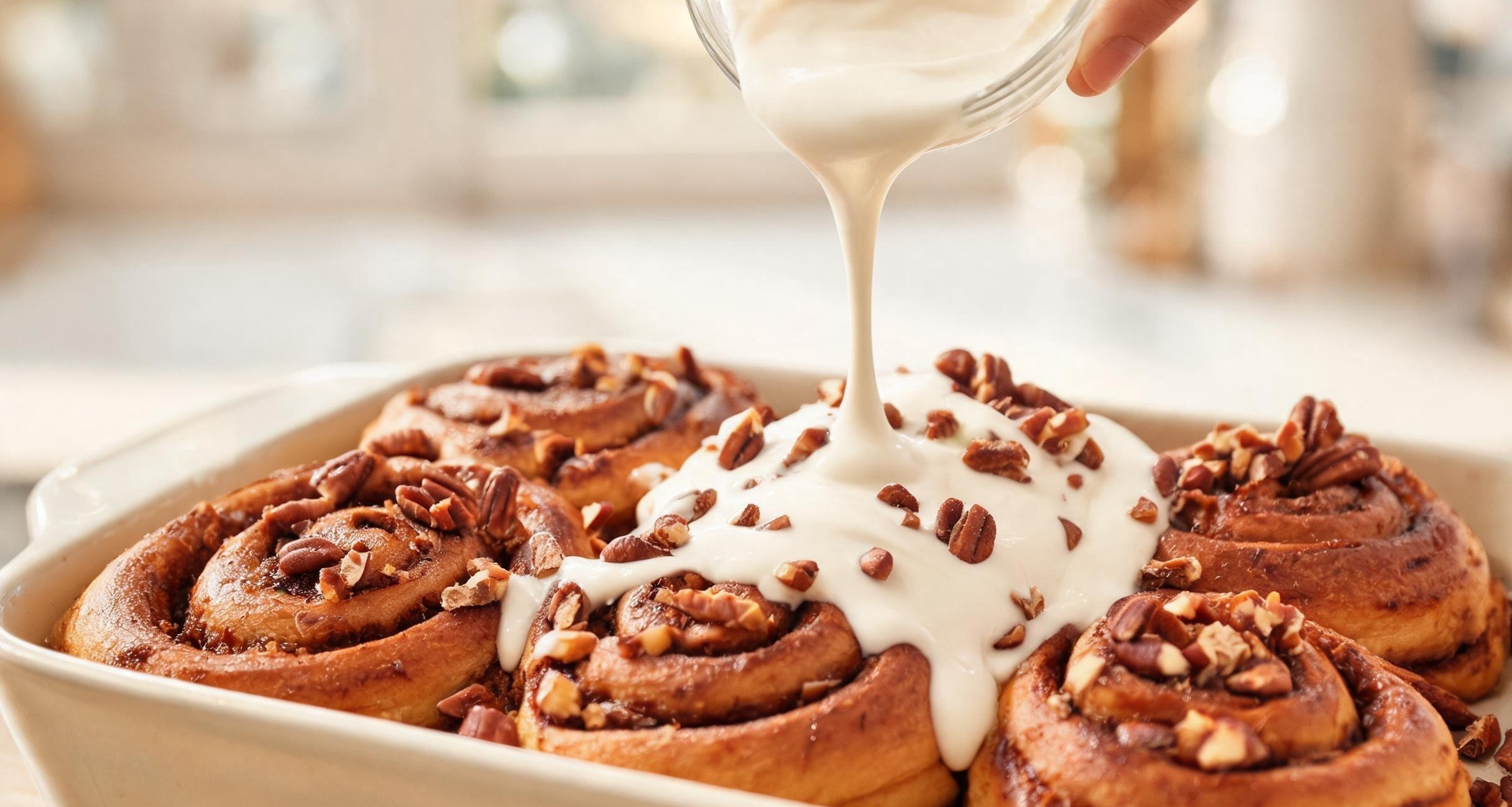 Baked cinnamon rolls with cream cheese frosting in a baking pan
