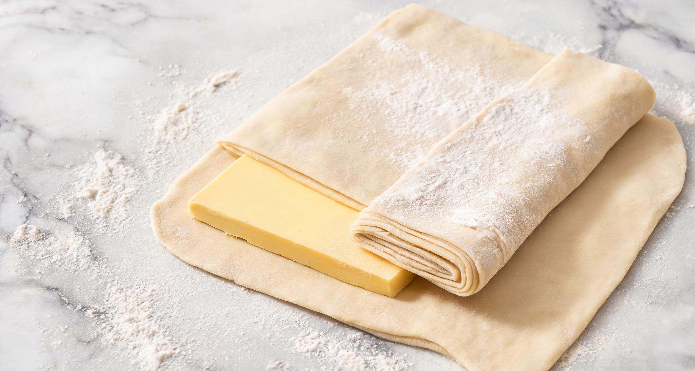 A slab of cold butter encased in croissant dough on a floured surface