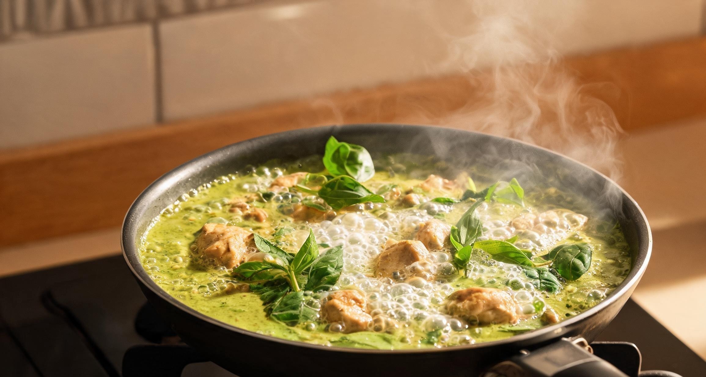 Green curry cooking in a wok with coconut milk