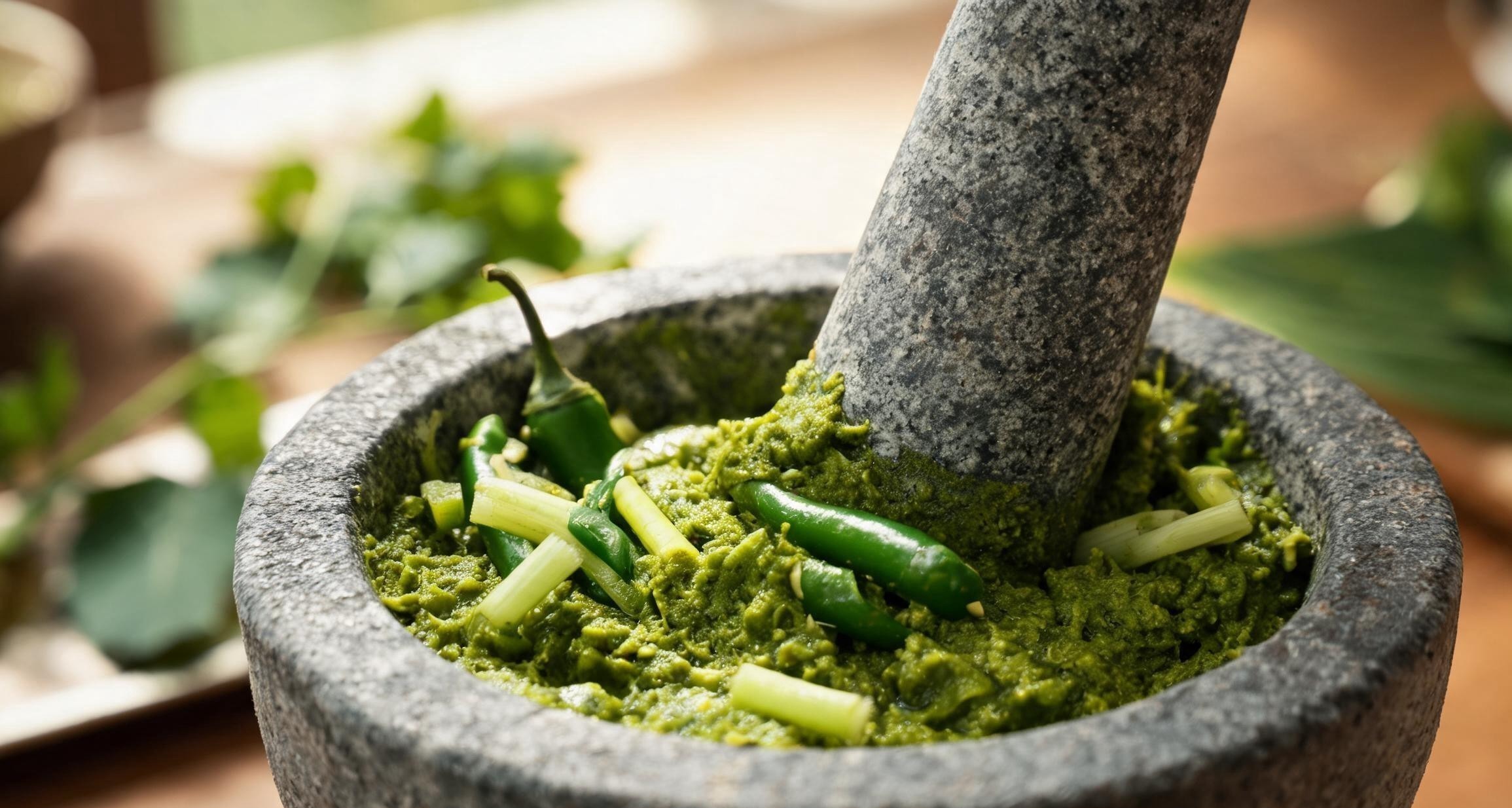 Green curry paste being pounded in a stone mortar