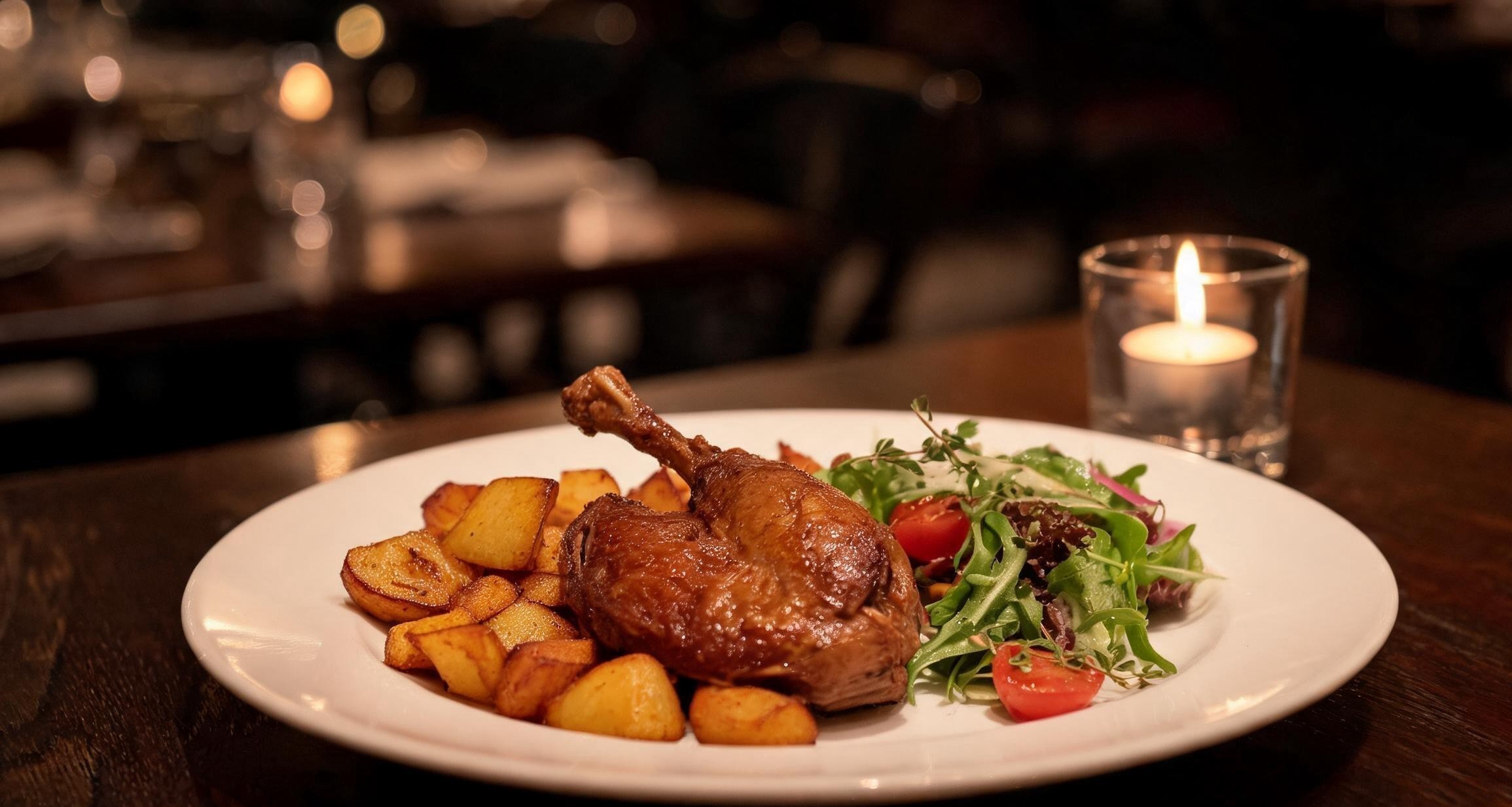 Duck confit with crispy golden skin served alongside potatoes roasted in duck fat