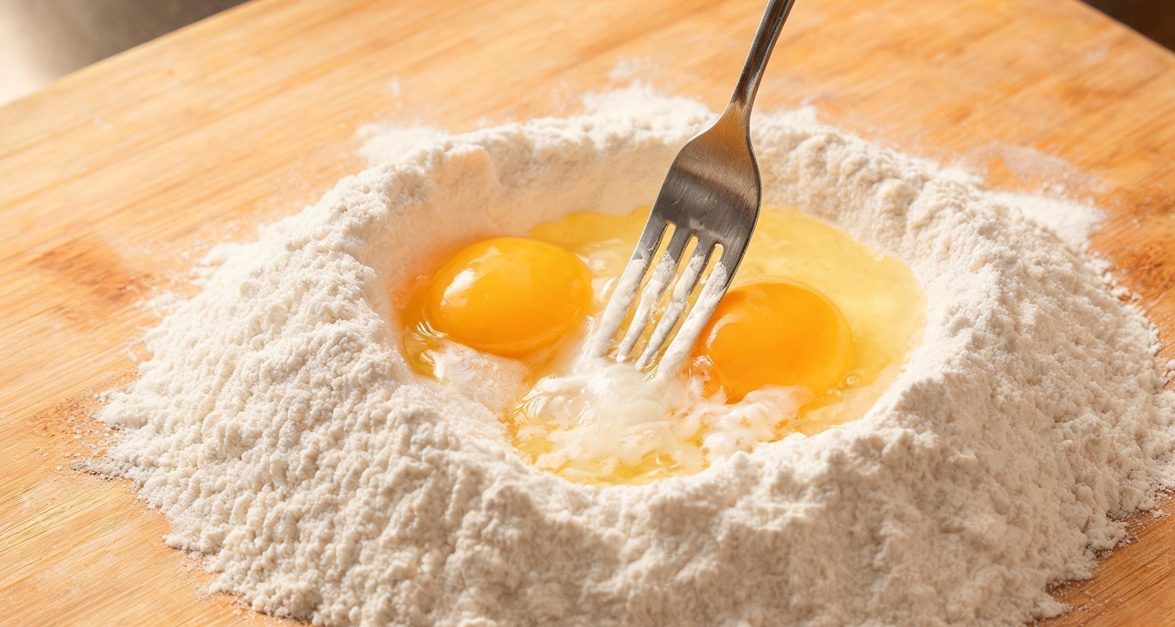 Eggs cracked into a well of flour on a wooden board