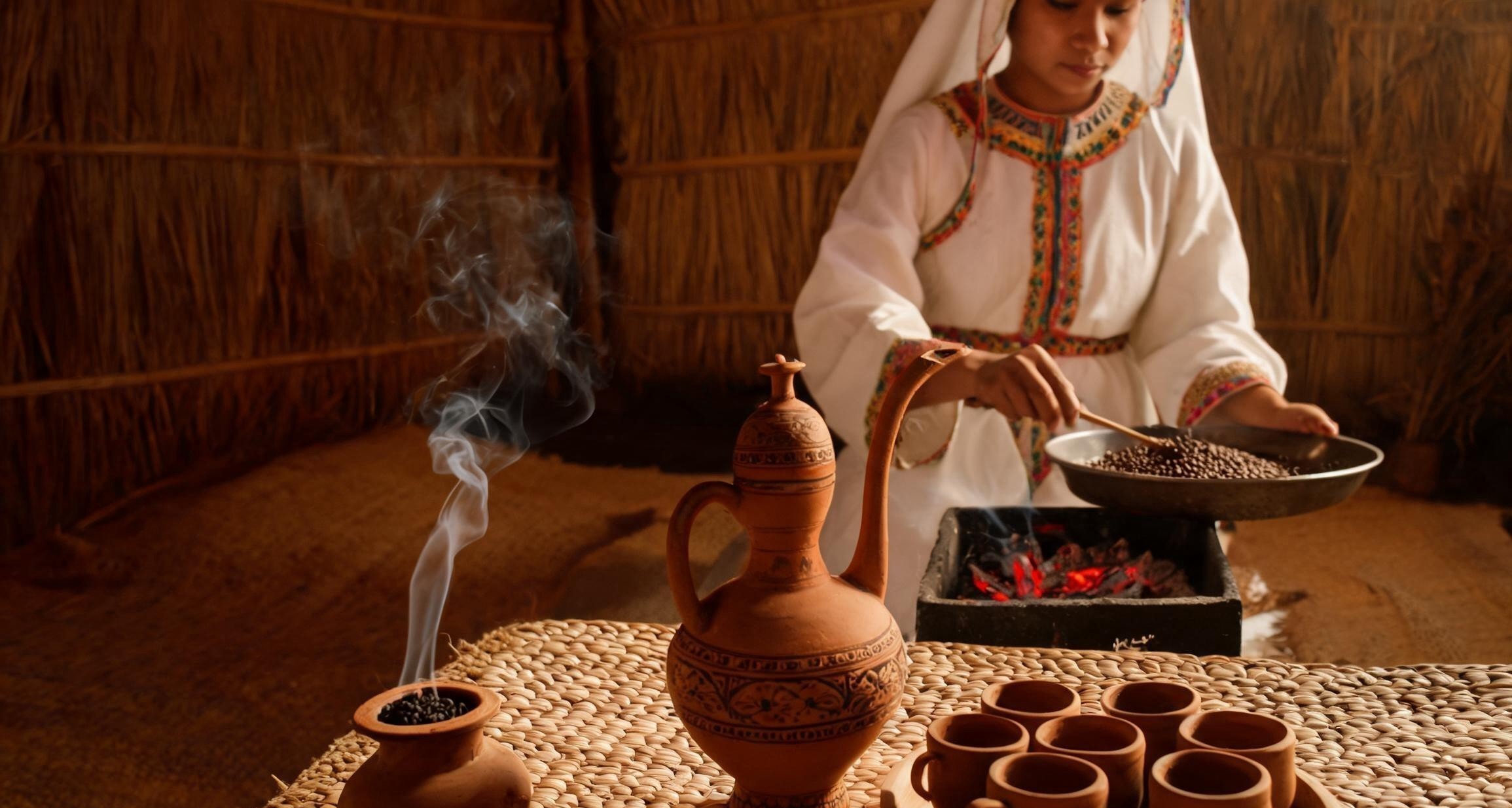 Coffee beans being roasted in a pan over a small charcoal burner at a table