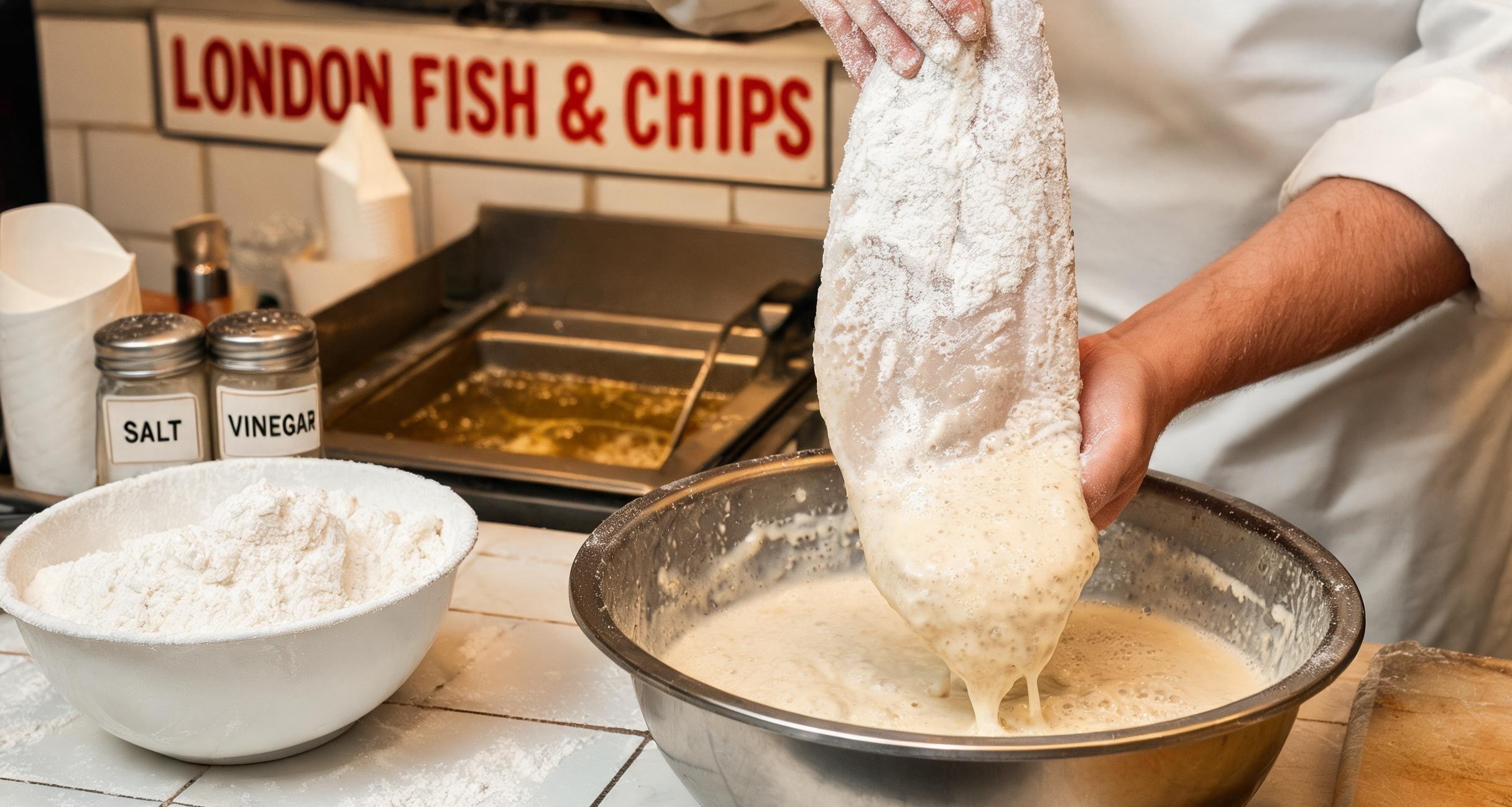 A portion of fish and chips wrapped in paper at a London chippy