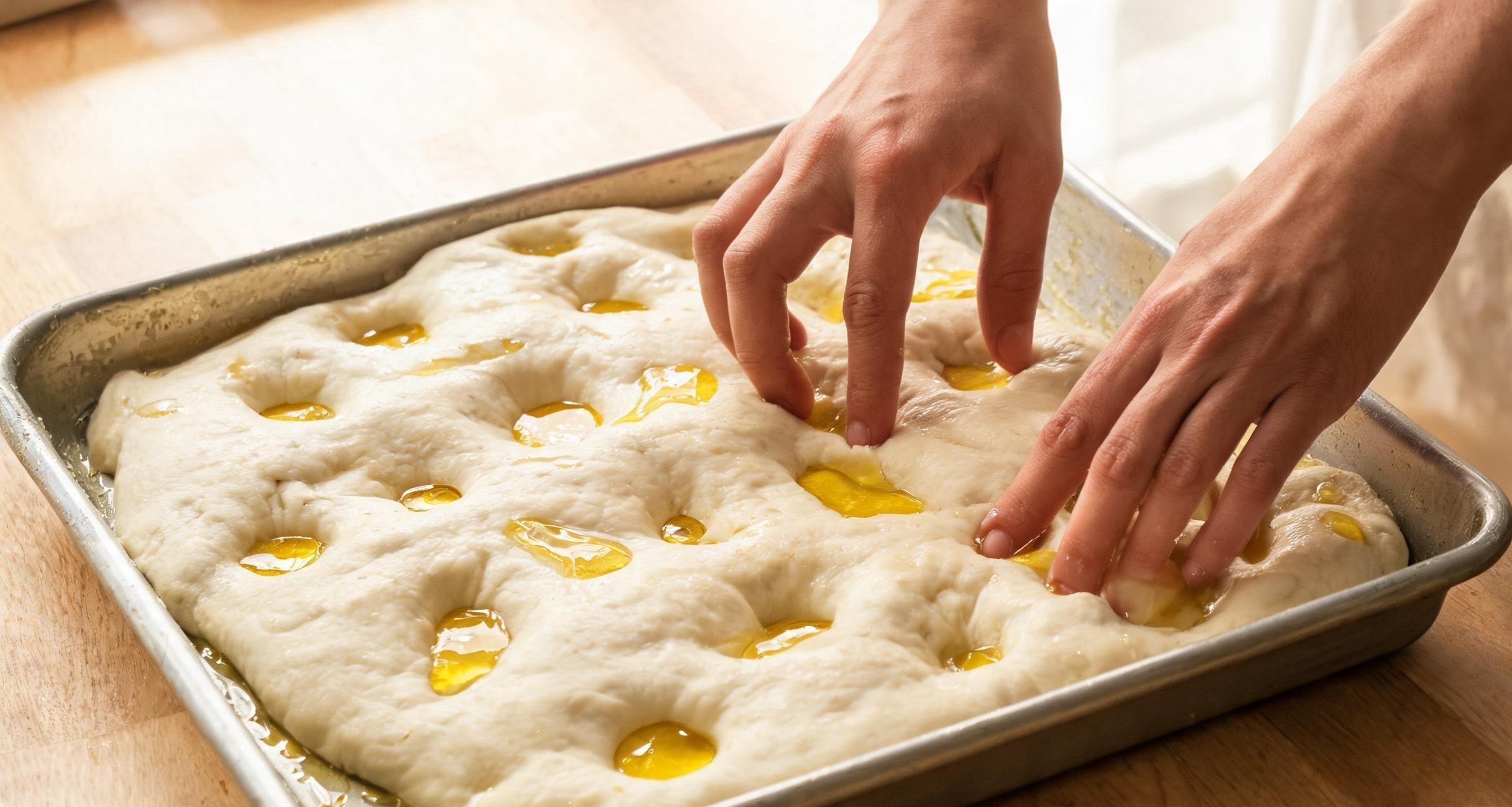 Focaccia dough stretched in a well-oiled sheet pan before the final rise