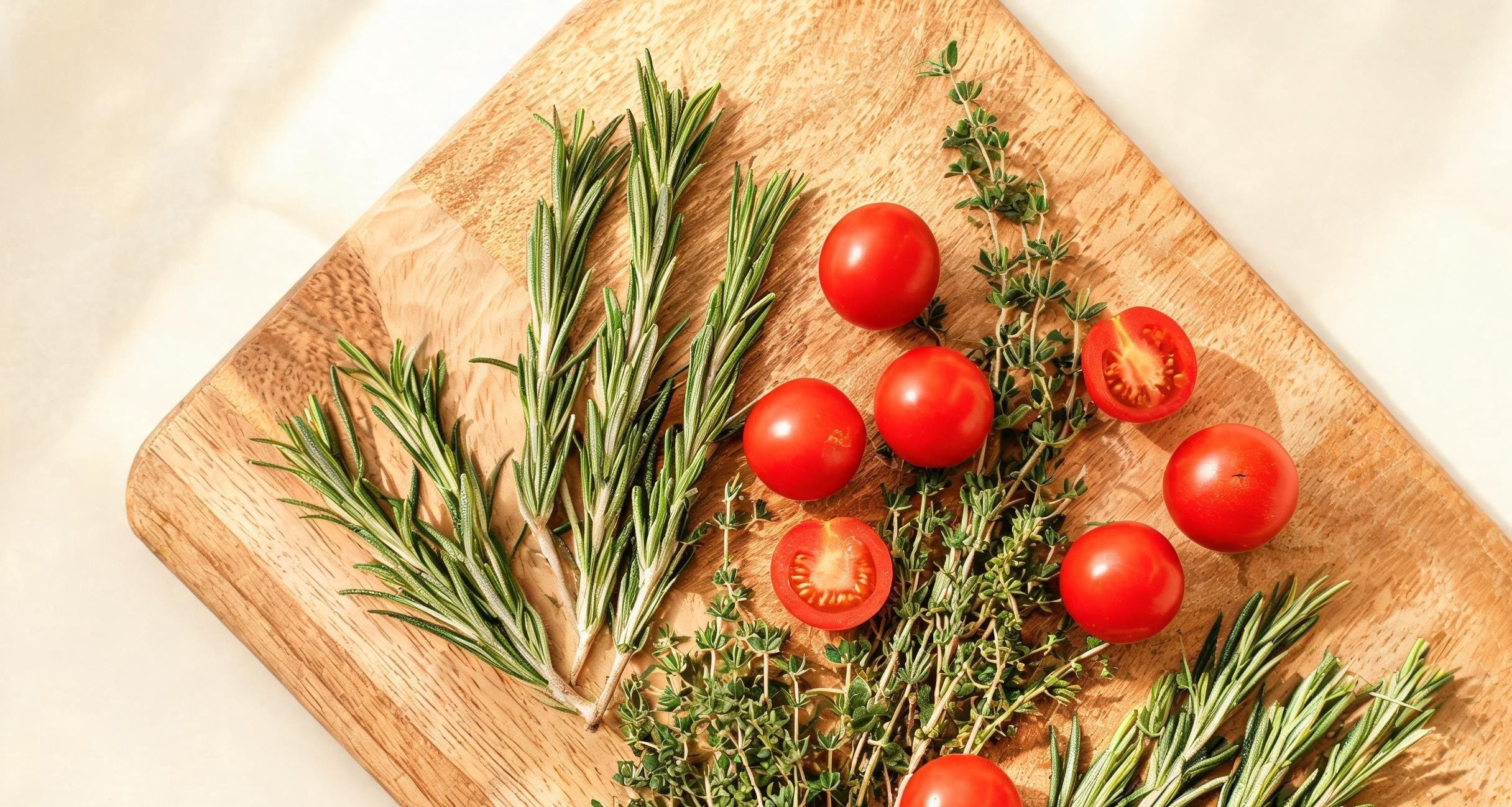 Fresh rosemary, thyme, and flaky sea salt pressed into the focaccia surface
