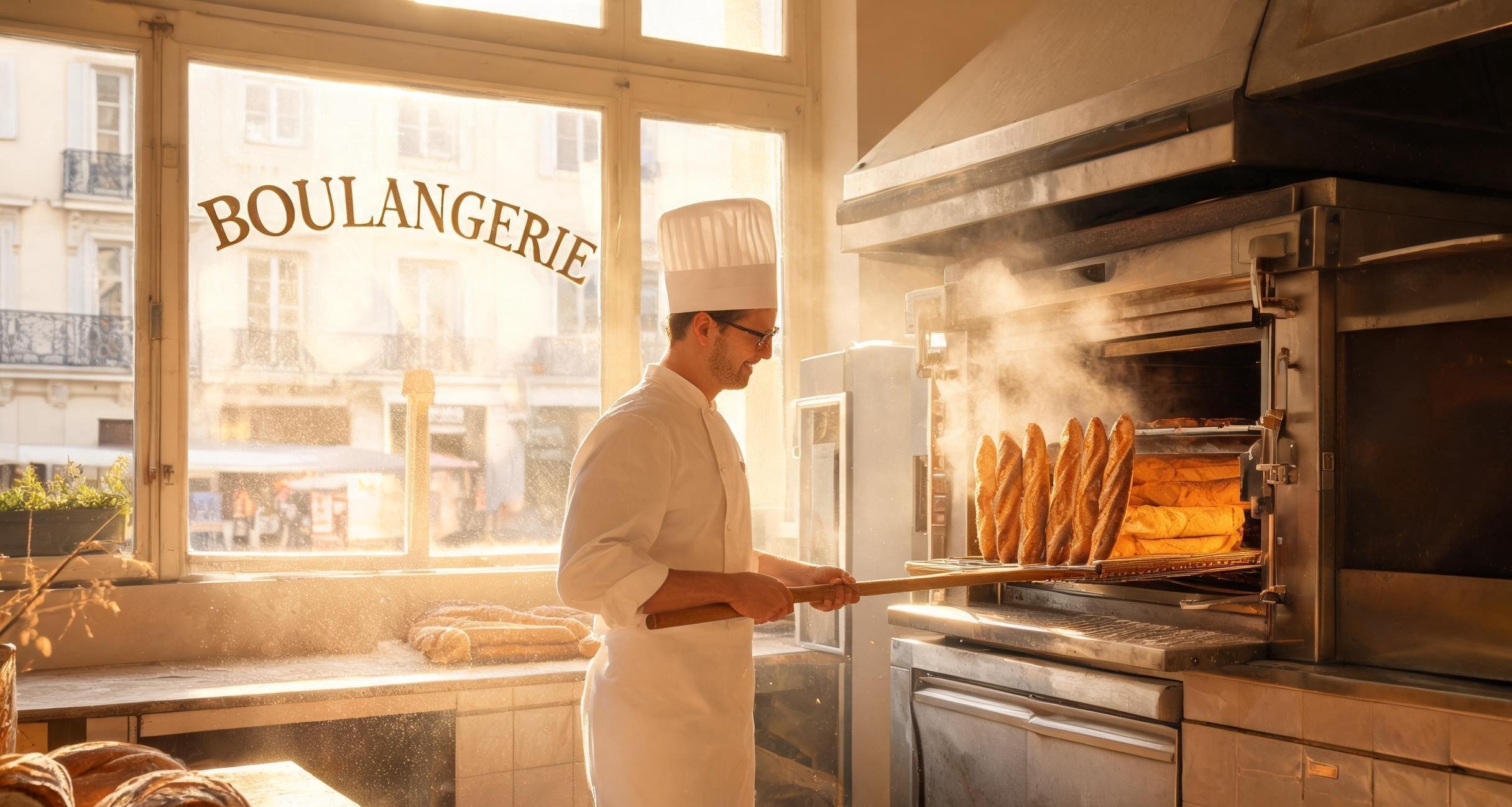 A French baker scoring baguette dough with a lame before loading it into the oven