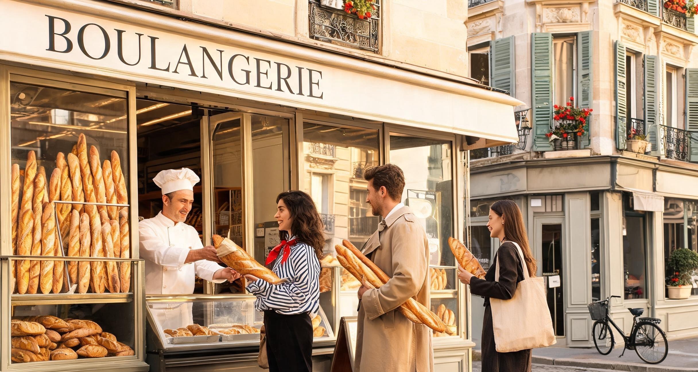 A small French village bakery with a line of customers waiting at the counter