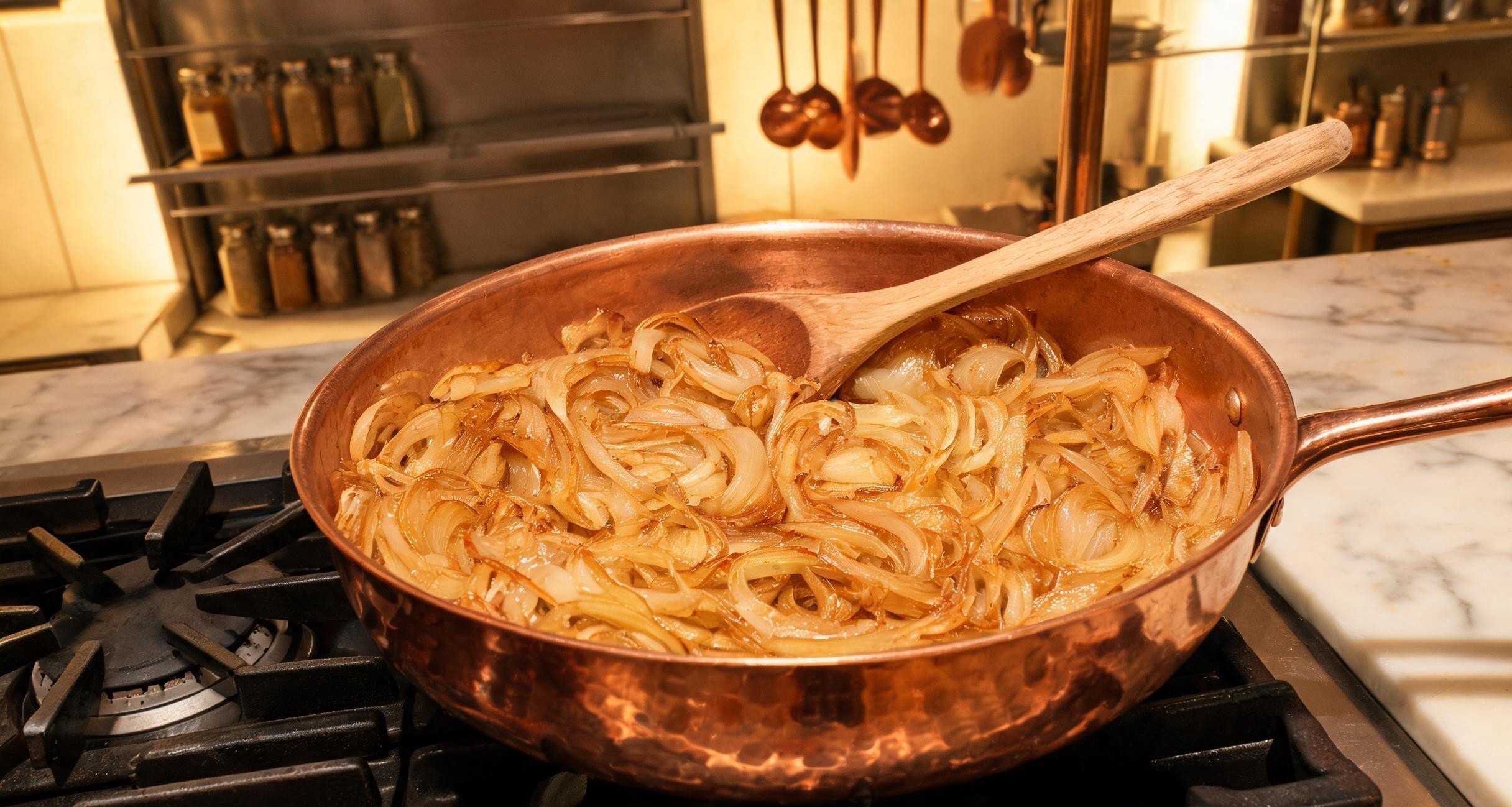 A large pot of onions cooking down to a deep golden brown