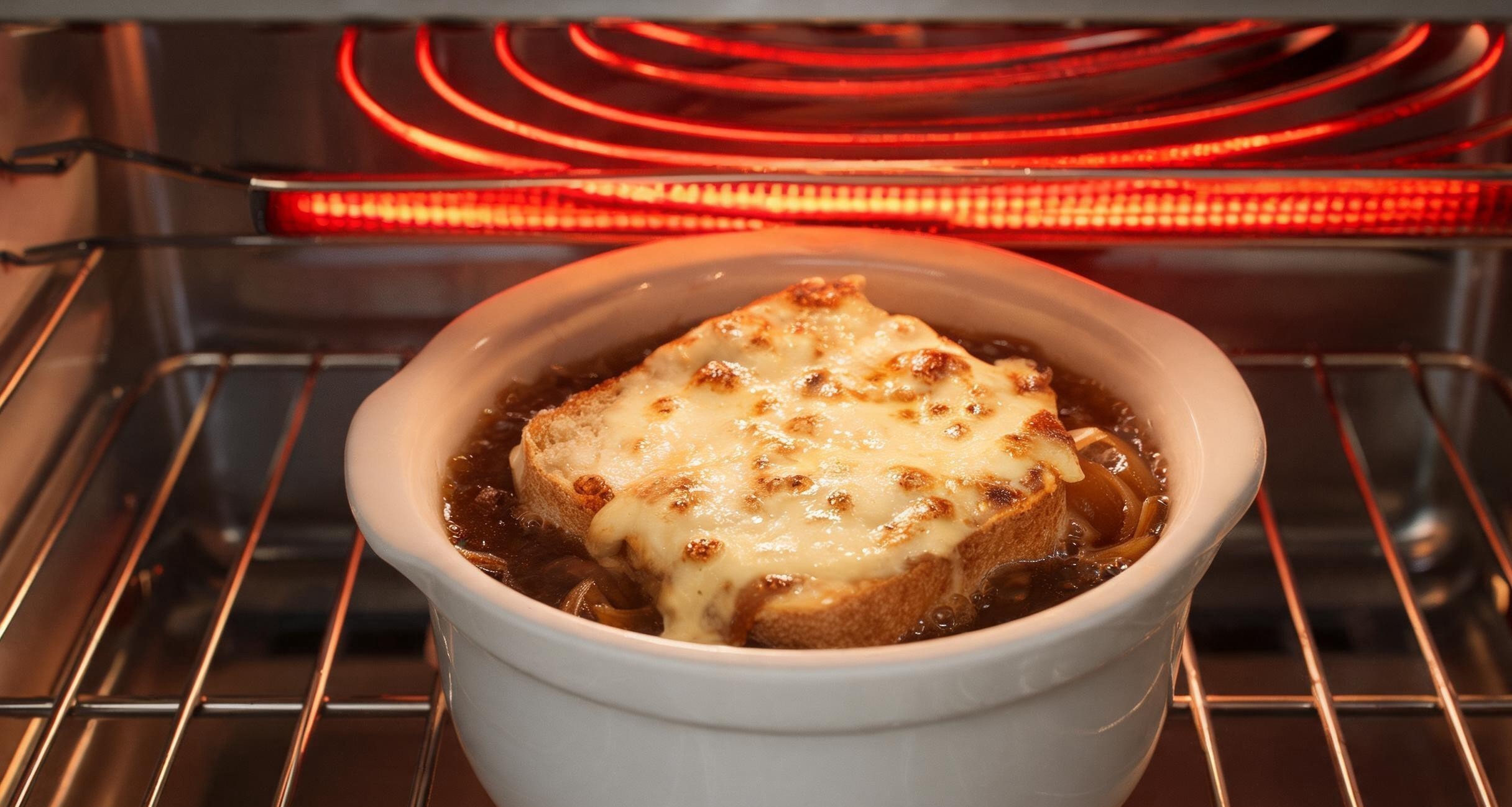 Gruyere-topped bread floated on French onion soup ready to be broiled