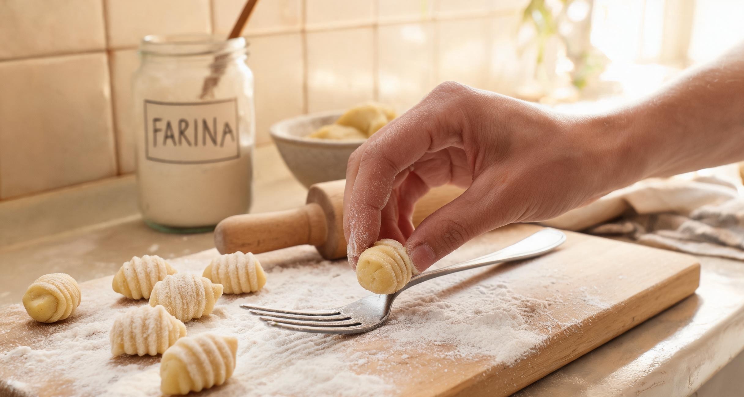 Riced potatoes spread out on a surface cooling before gnocchi dough is formed