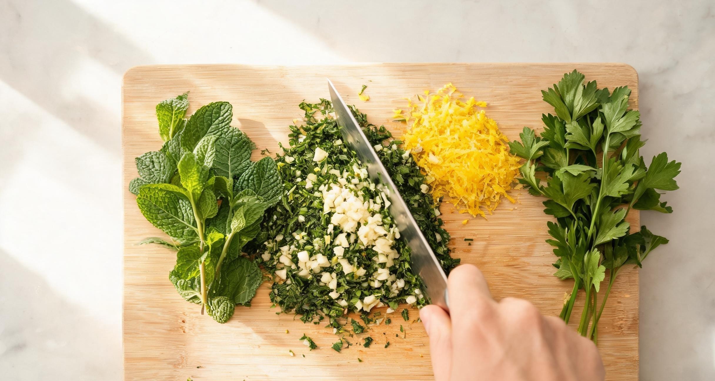 Mint, garlic, and parsley being chopped together on a board for gremolata
