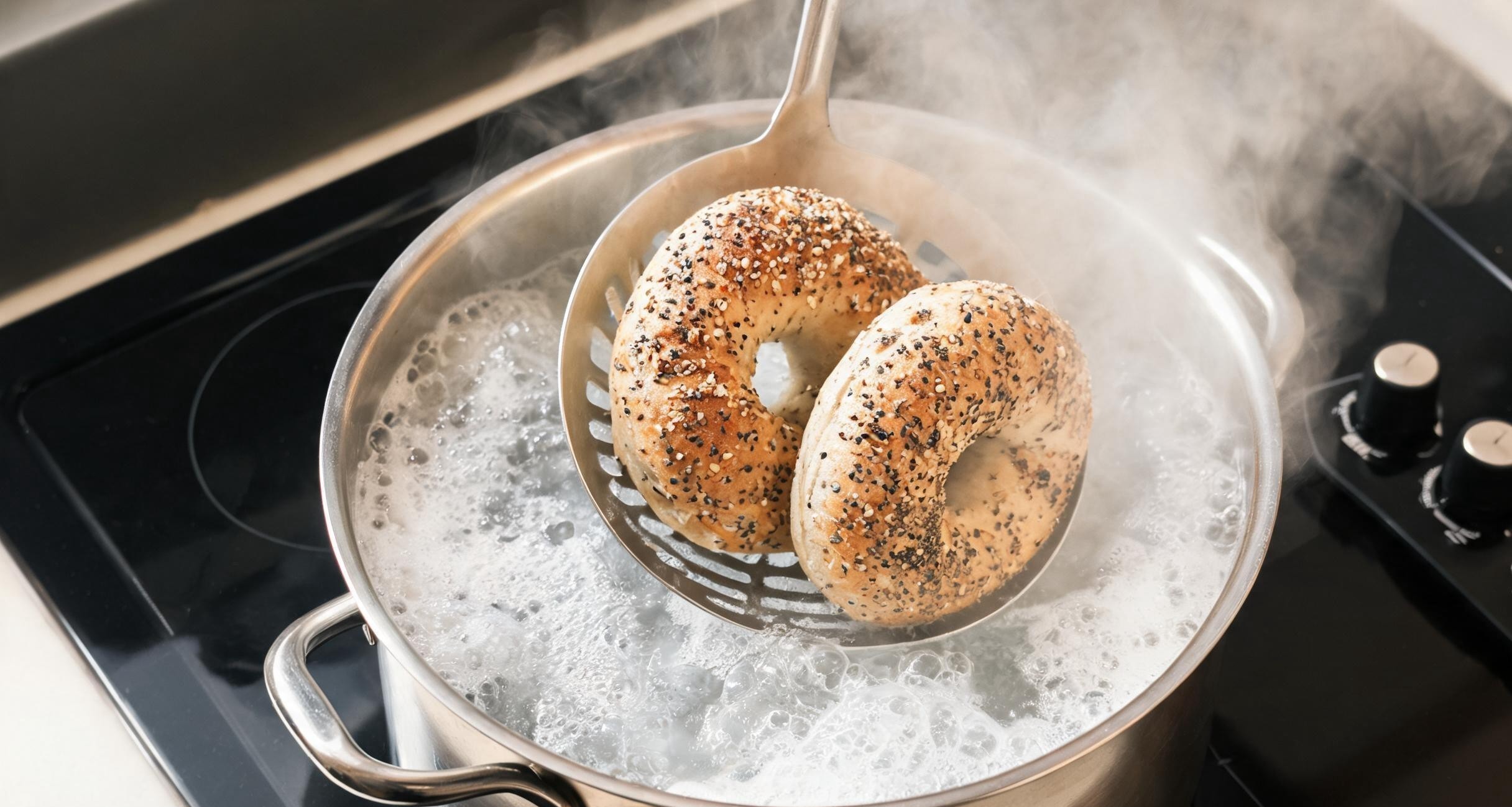Bagel dough shaped into rings resting on a parchment-lined baking sheet