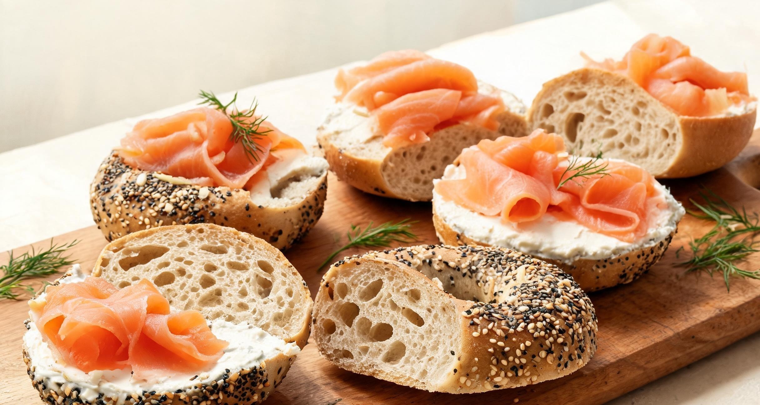 Boiling bagels in a large pot of water before baking
