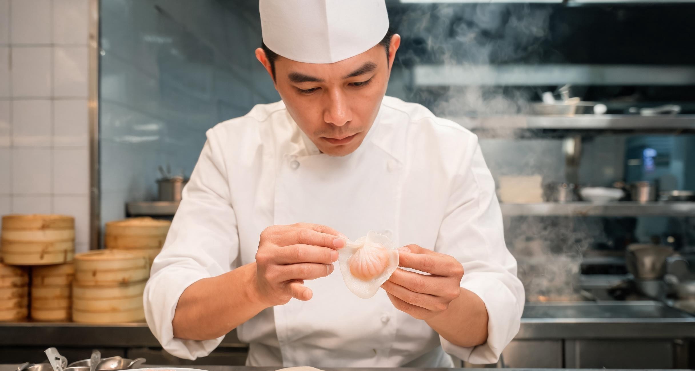 A bamboo steamer basket of har gow shrimp dumplings at a Hong Kong dim sum restaurant
