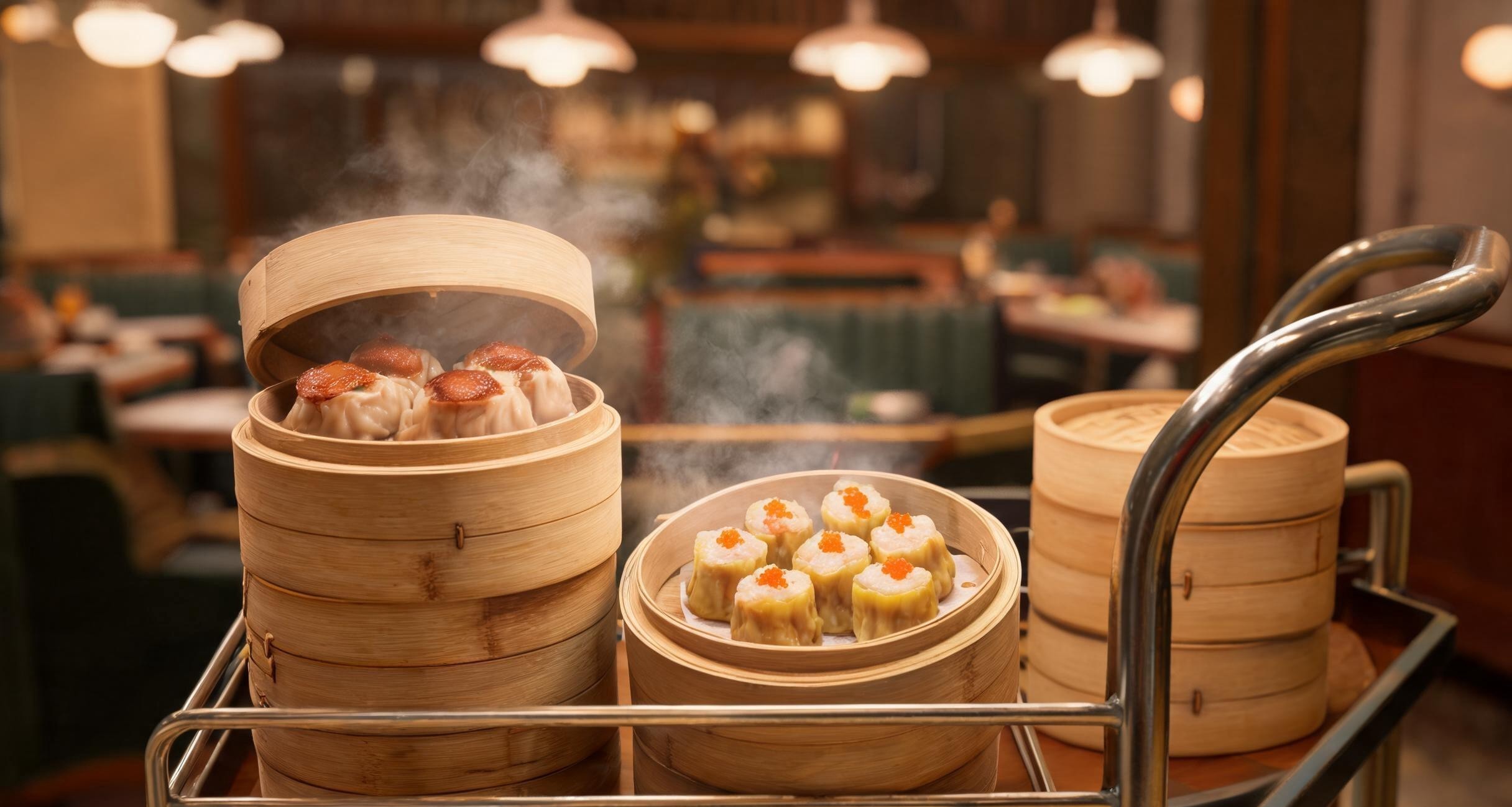 A table spread with multiple dim sum dishes including steamed buns and dumplings