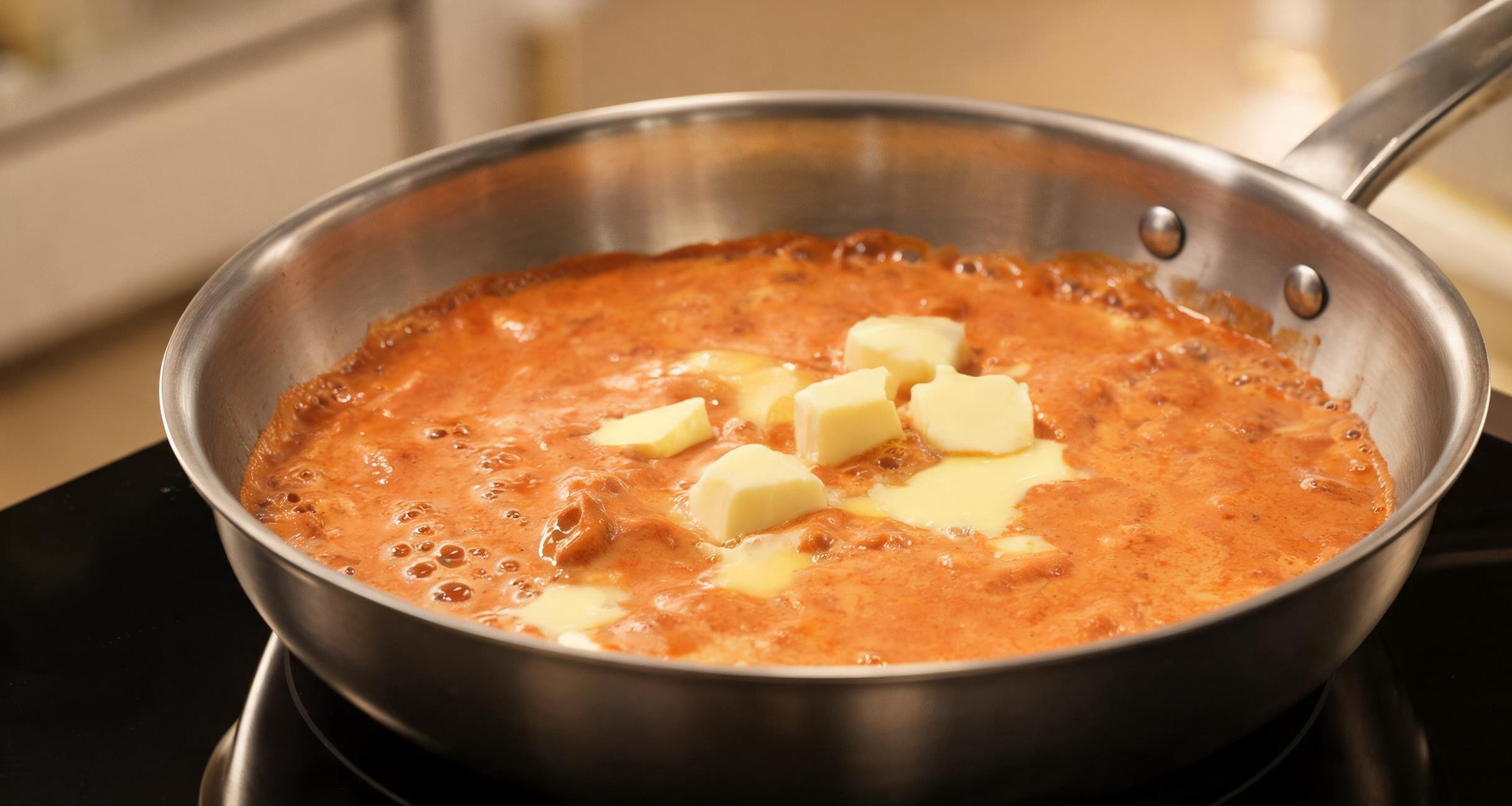 The makhani sauce simmering in a pan with butter and cream stirred in