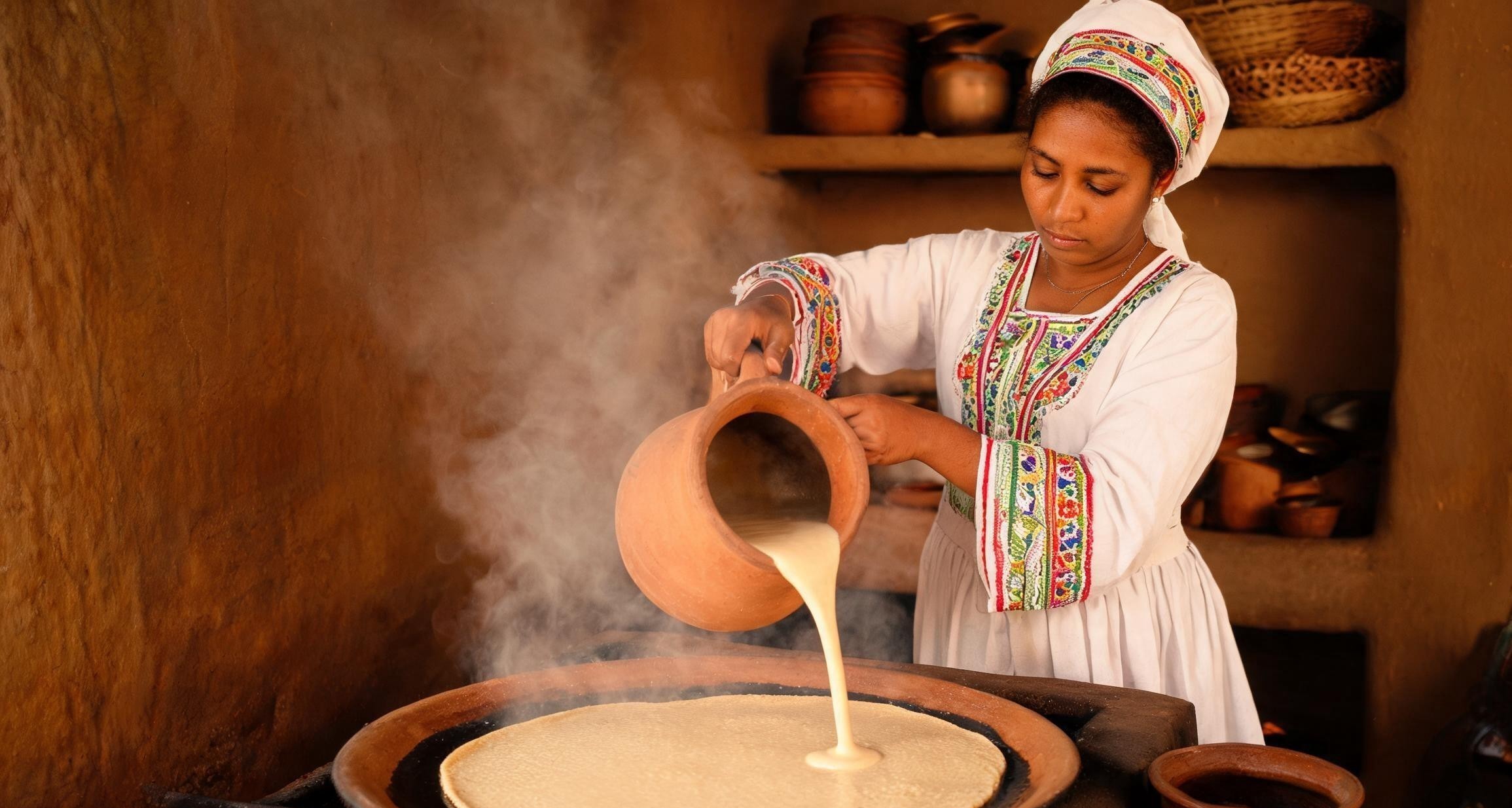 Thin injera batter being poured in a spiral onto a hot clay griddle
