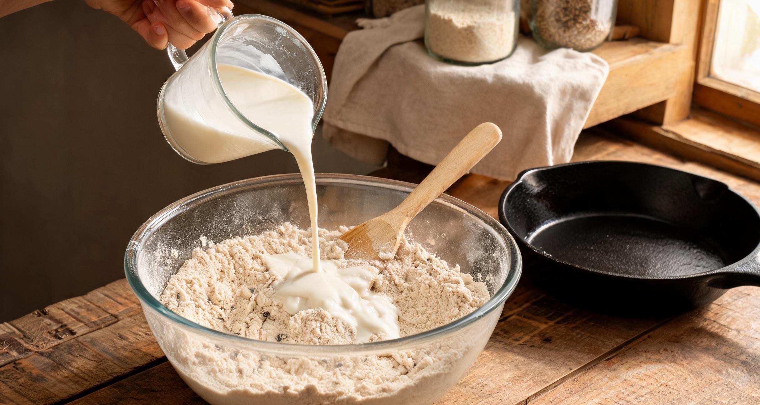 Dry ingredients for soda bread mixed in a bowl with buttermilk