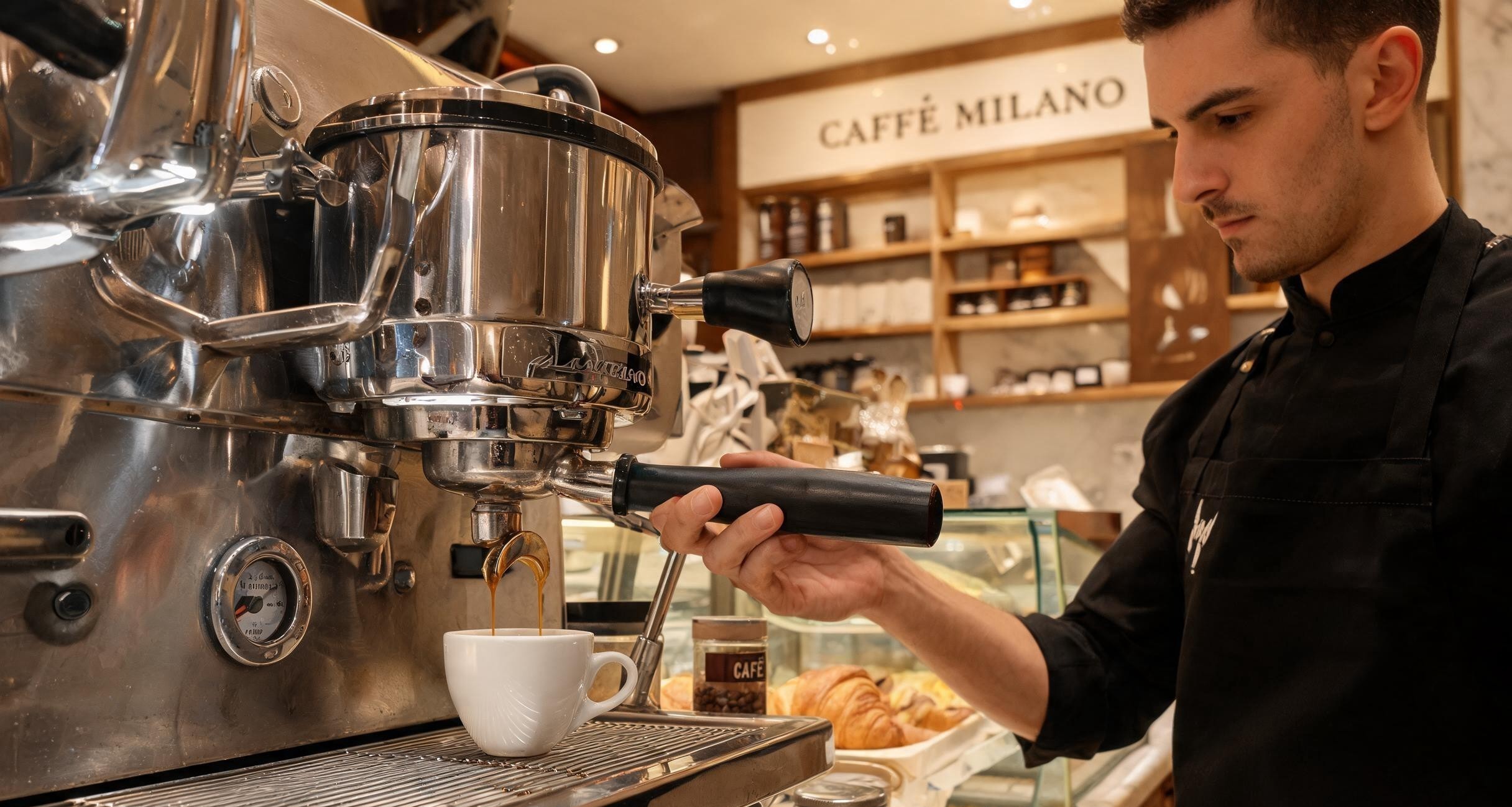 A standing crowd at a coffee bar in Rome, each person with a tiny espresso cup