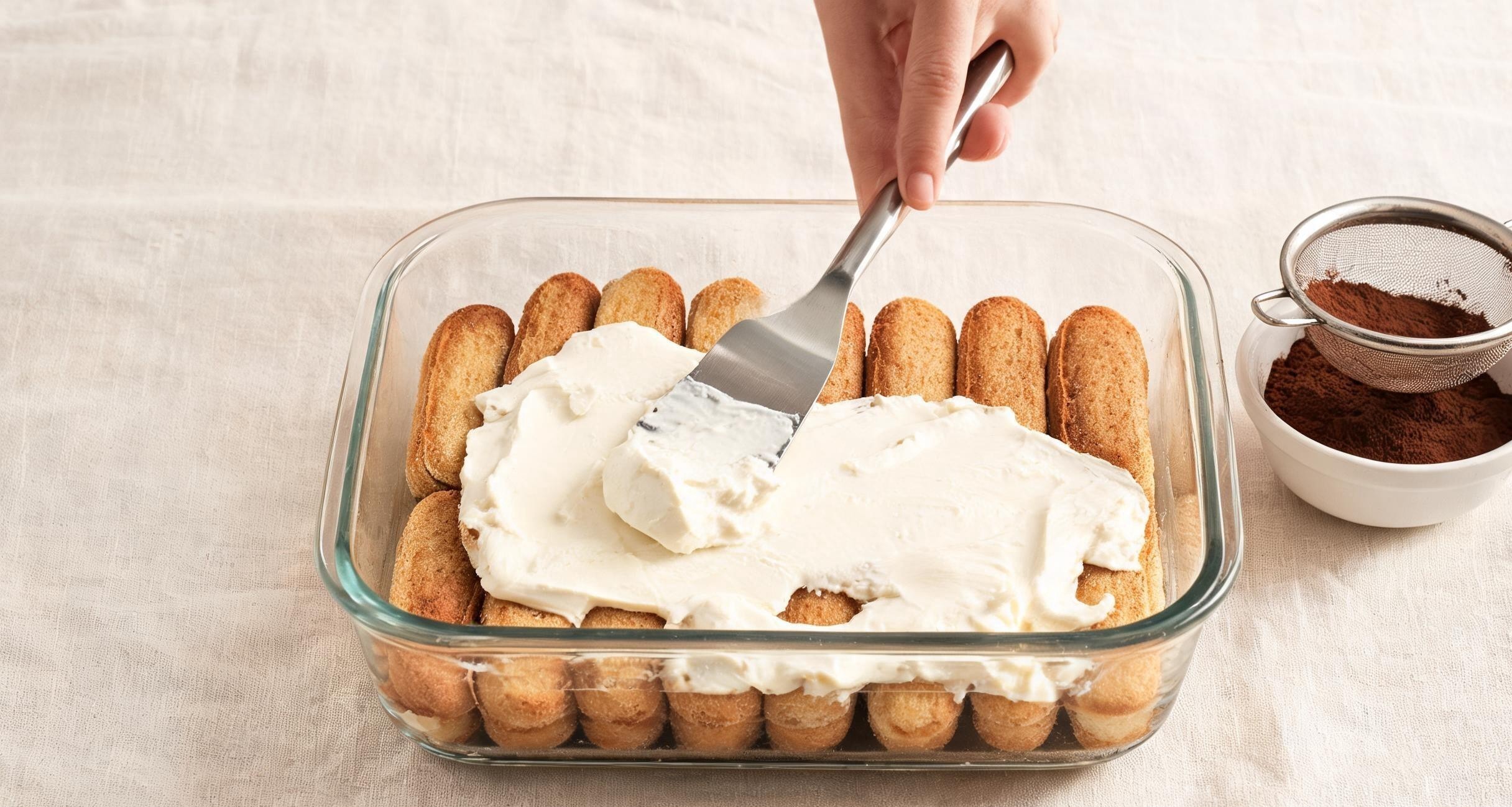 A finished tiramisu dusted with cocoa powder in a glass dish