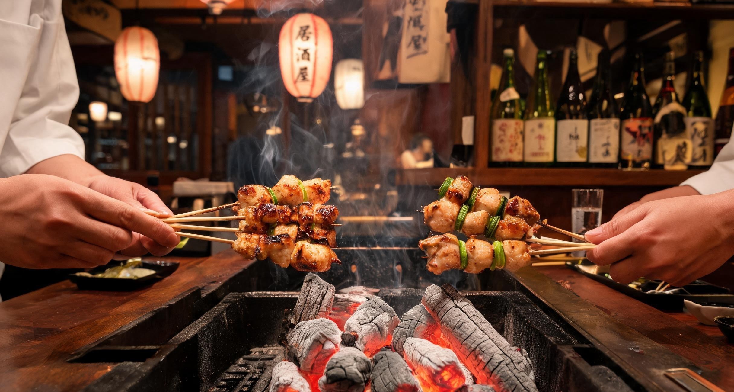 Yakitori skewers being grilled over white binchotan charcoal at an izakaya counter