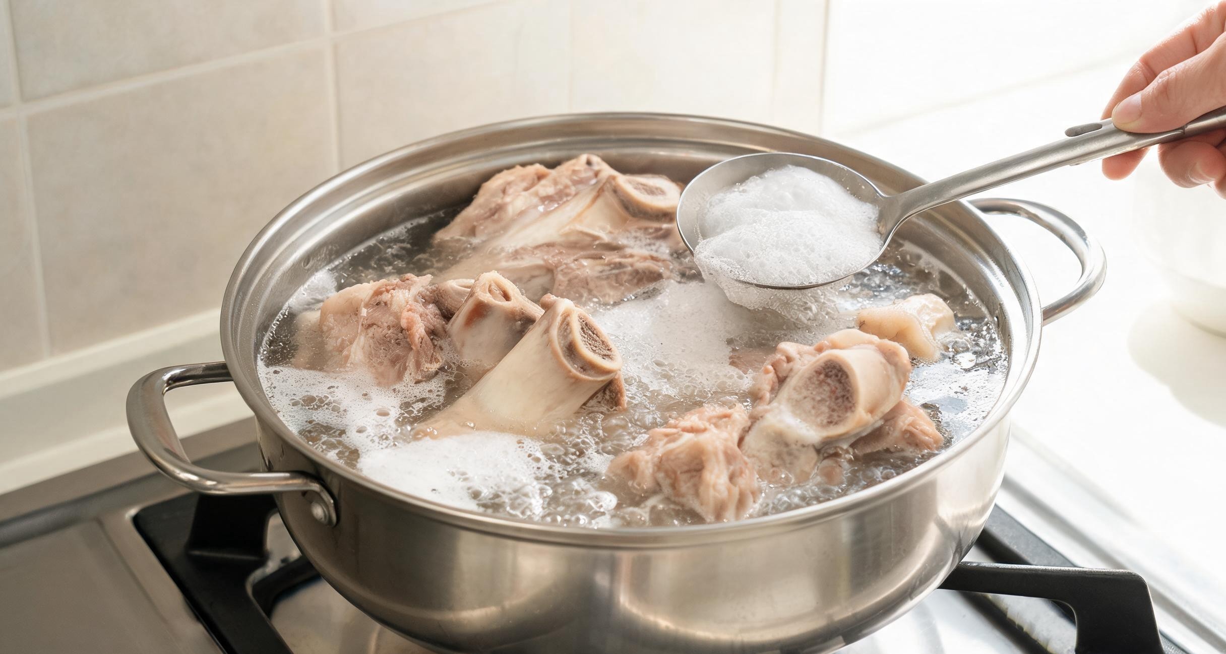 A large pot of pork bones boiling vigorously with the broth turning cloudy and white