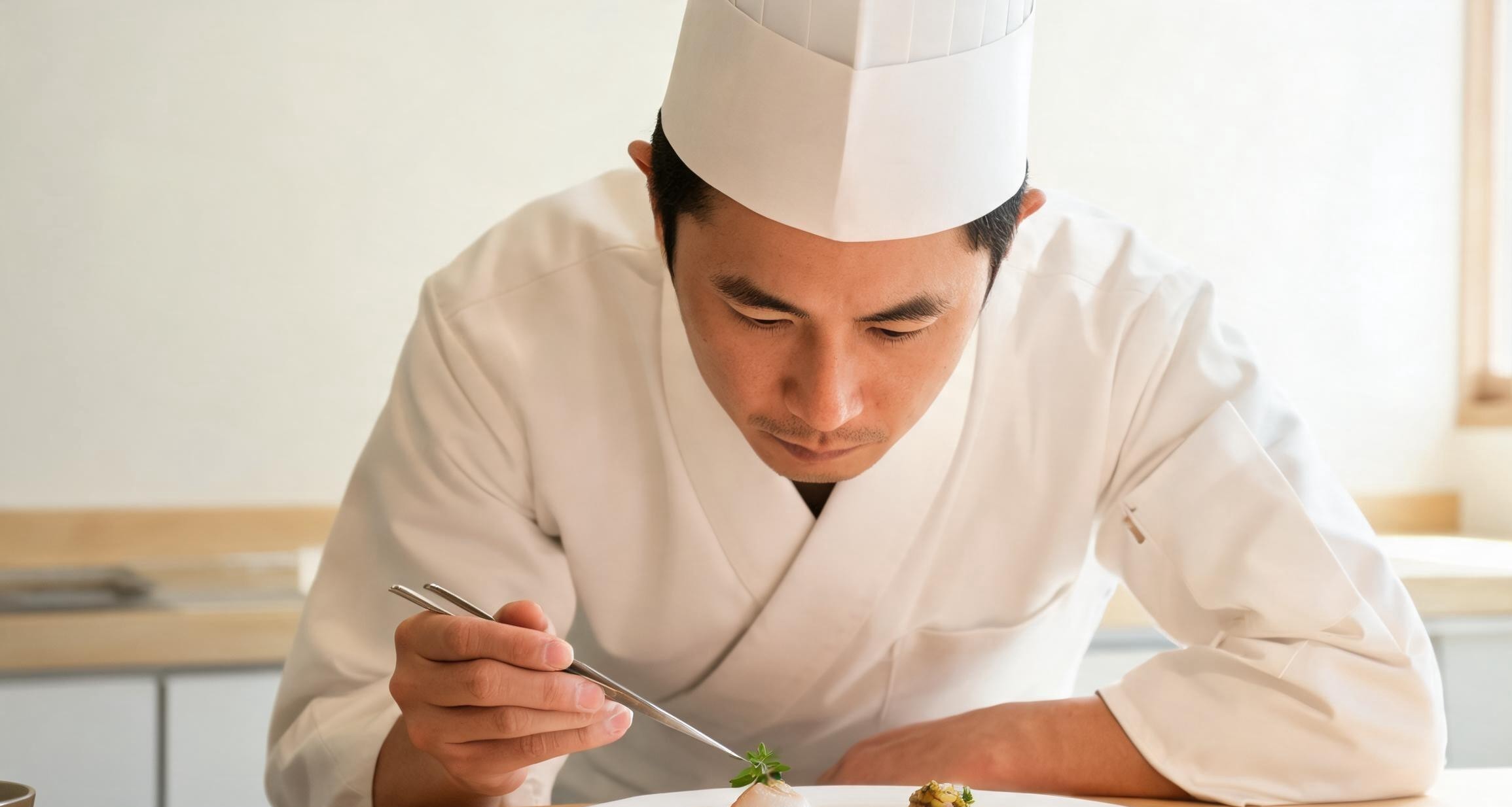 A Japanese chef assembling a small dish with tweezers in a quiet kitchen