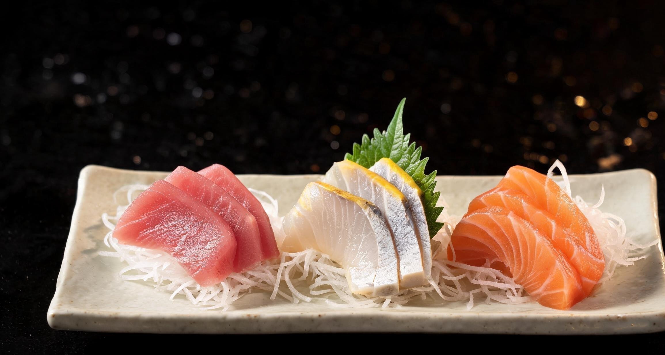 A sashimi plate with three types of raw fish arranged on a dark ceramic dish