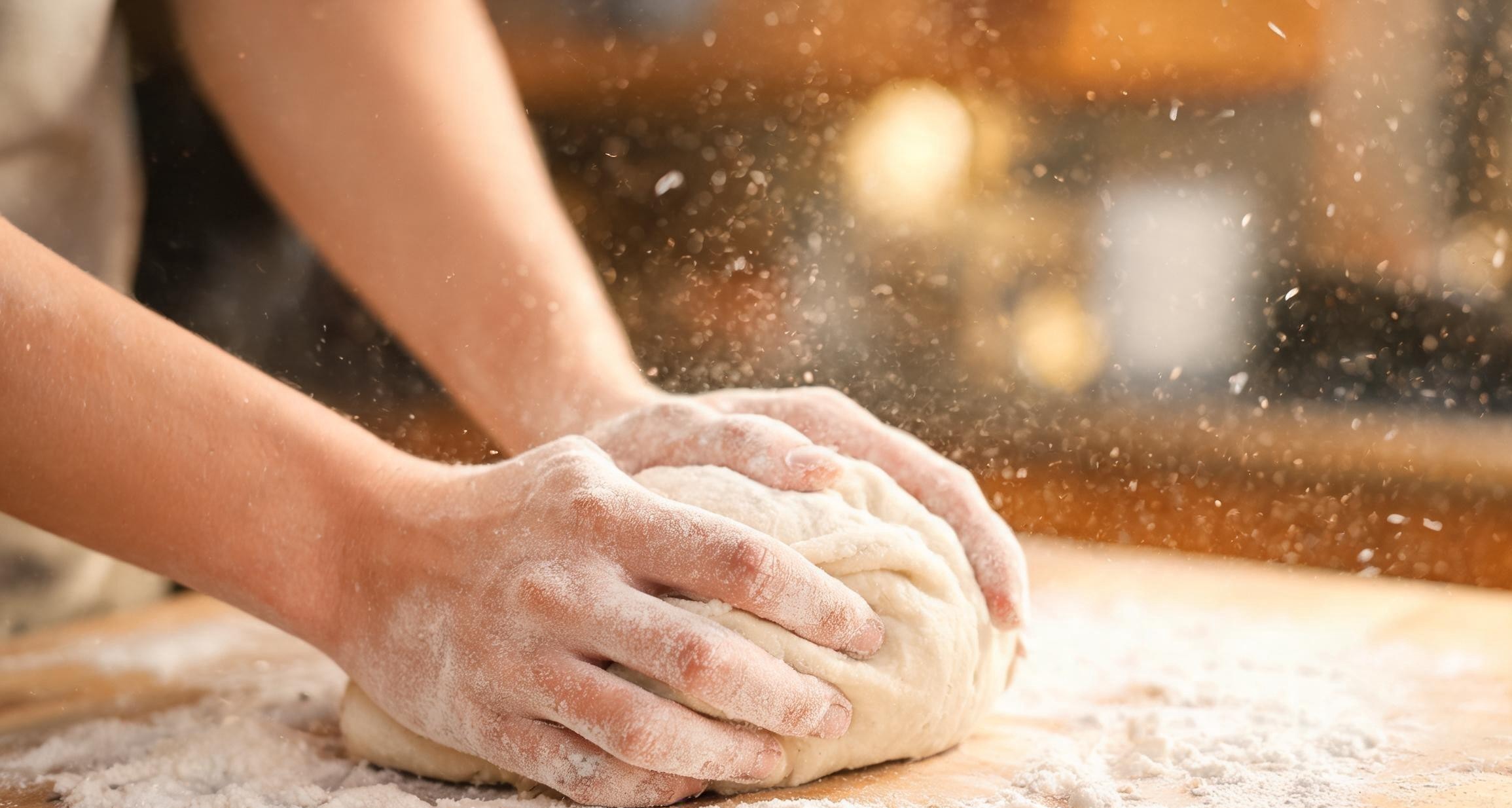 Hands kneading sourdough dough on a wooden surface