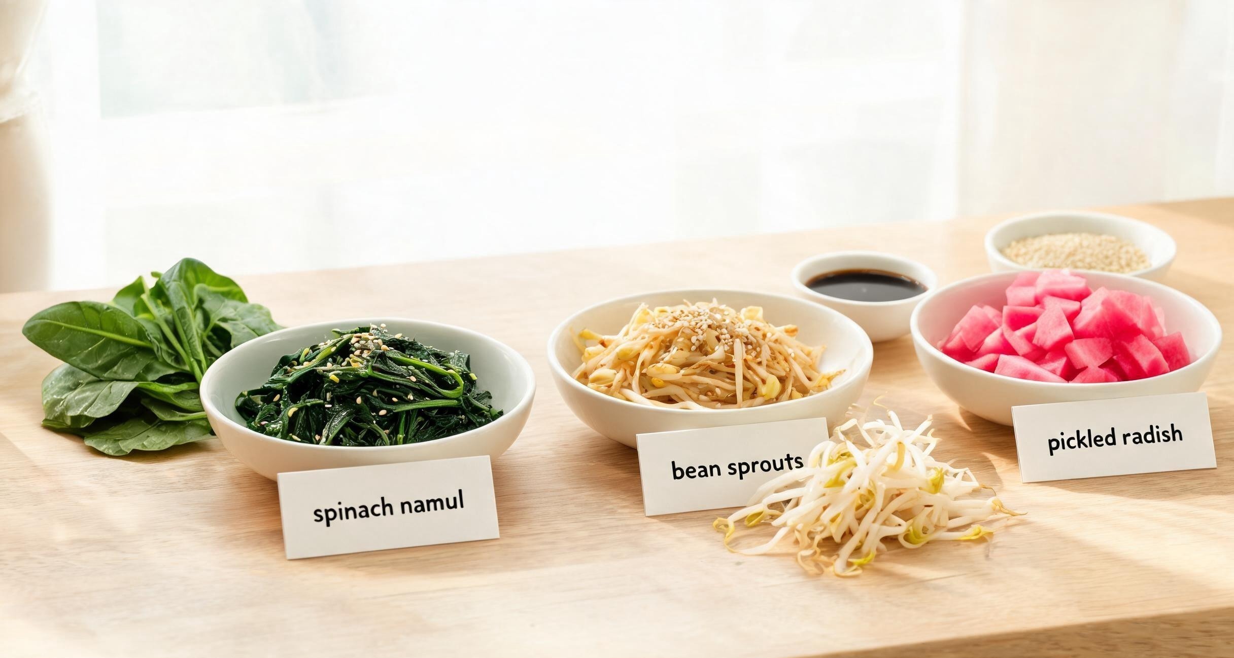 A Korean dinner table with multiple small banchan dishes surrounding a central main dish
