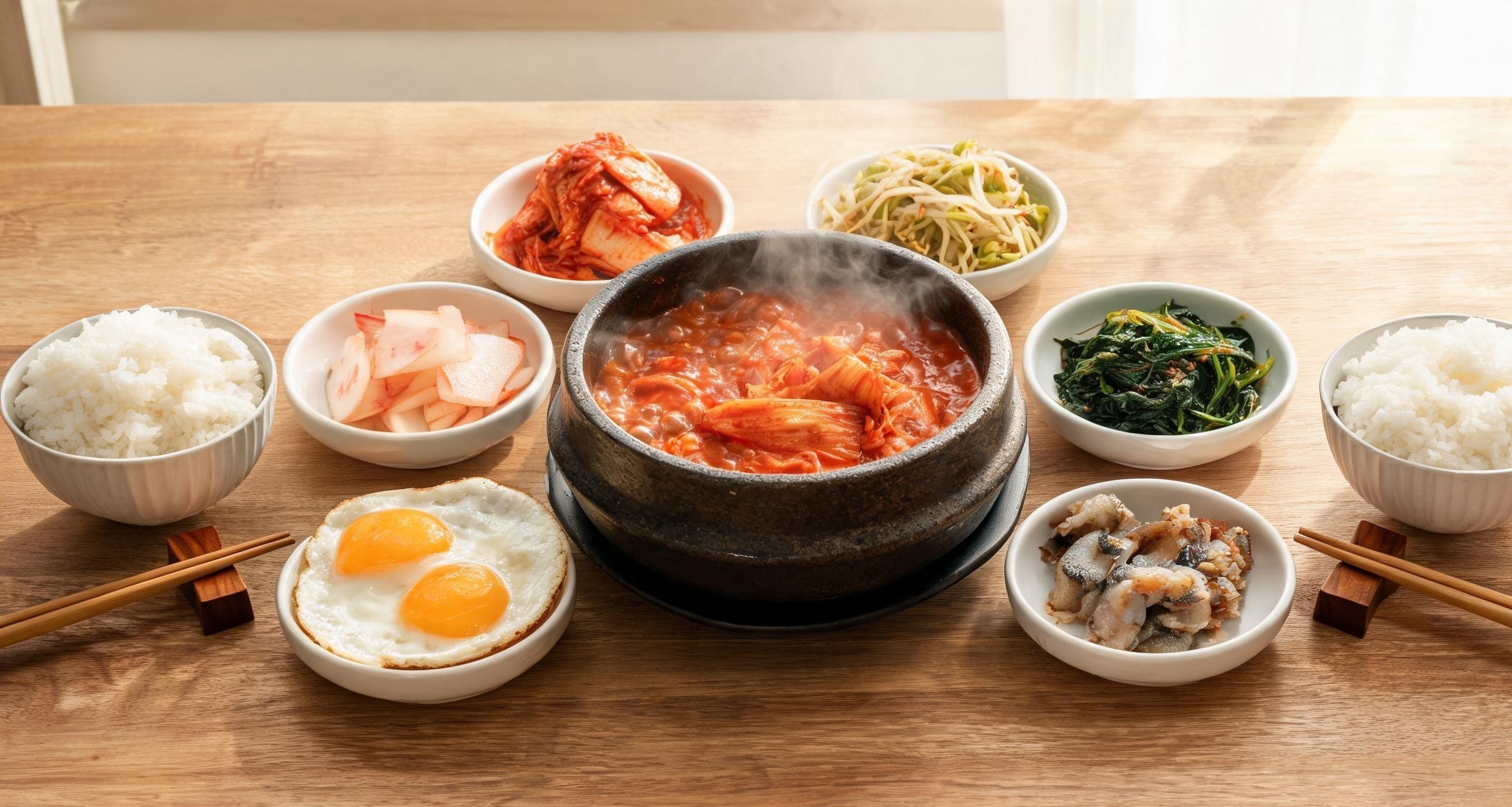 An assortment of banchan in small bowls including kimchi, spinach, and bean sprouts