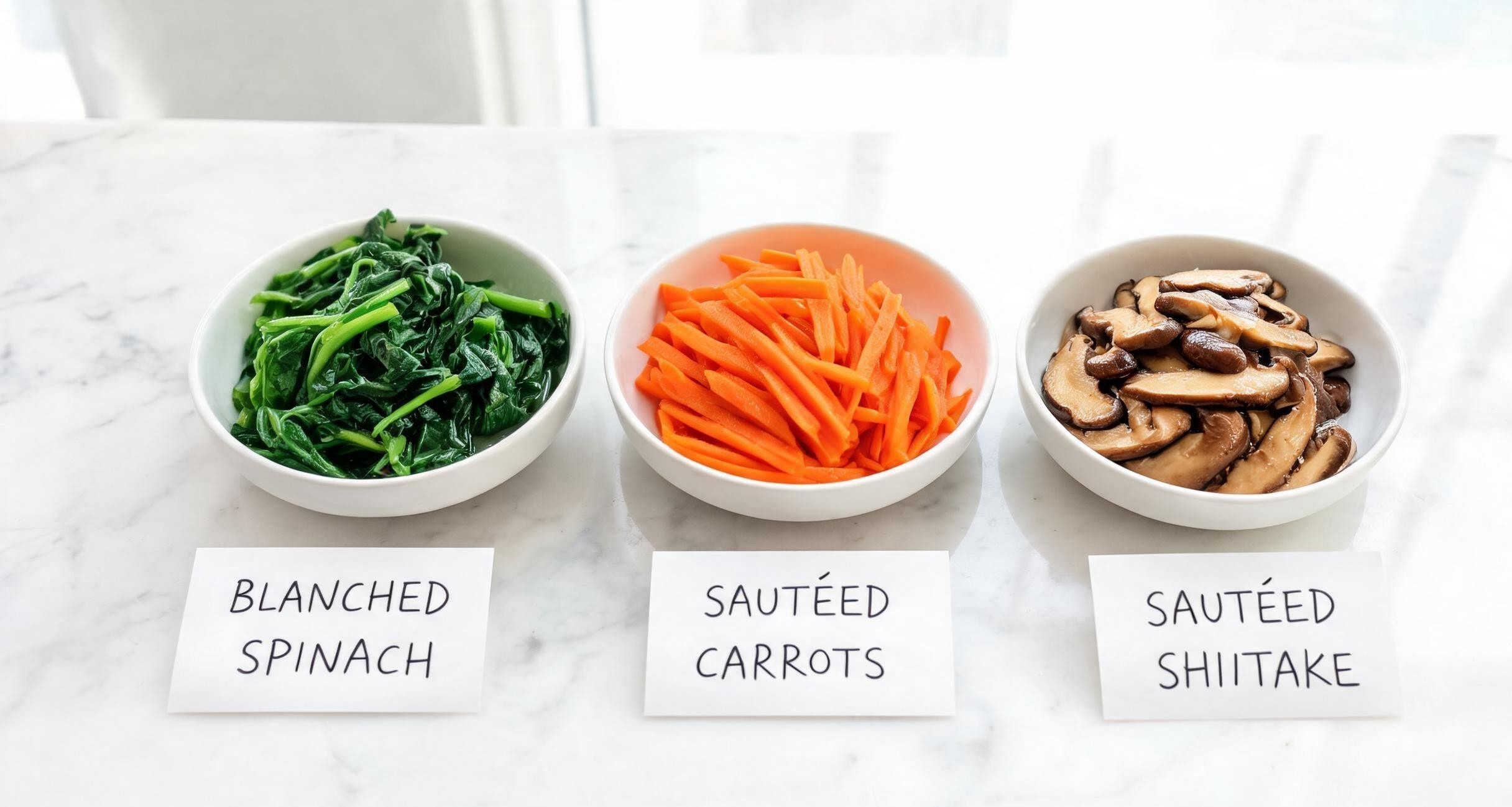 An array of blanched and seasoned vegetables arranged in small piles for bibimbap