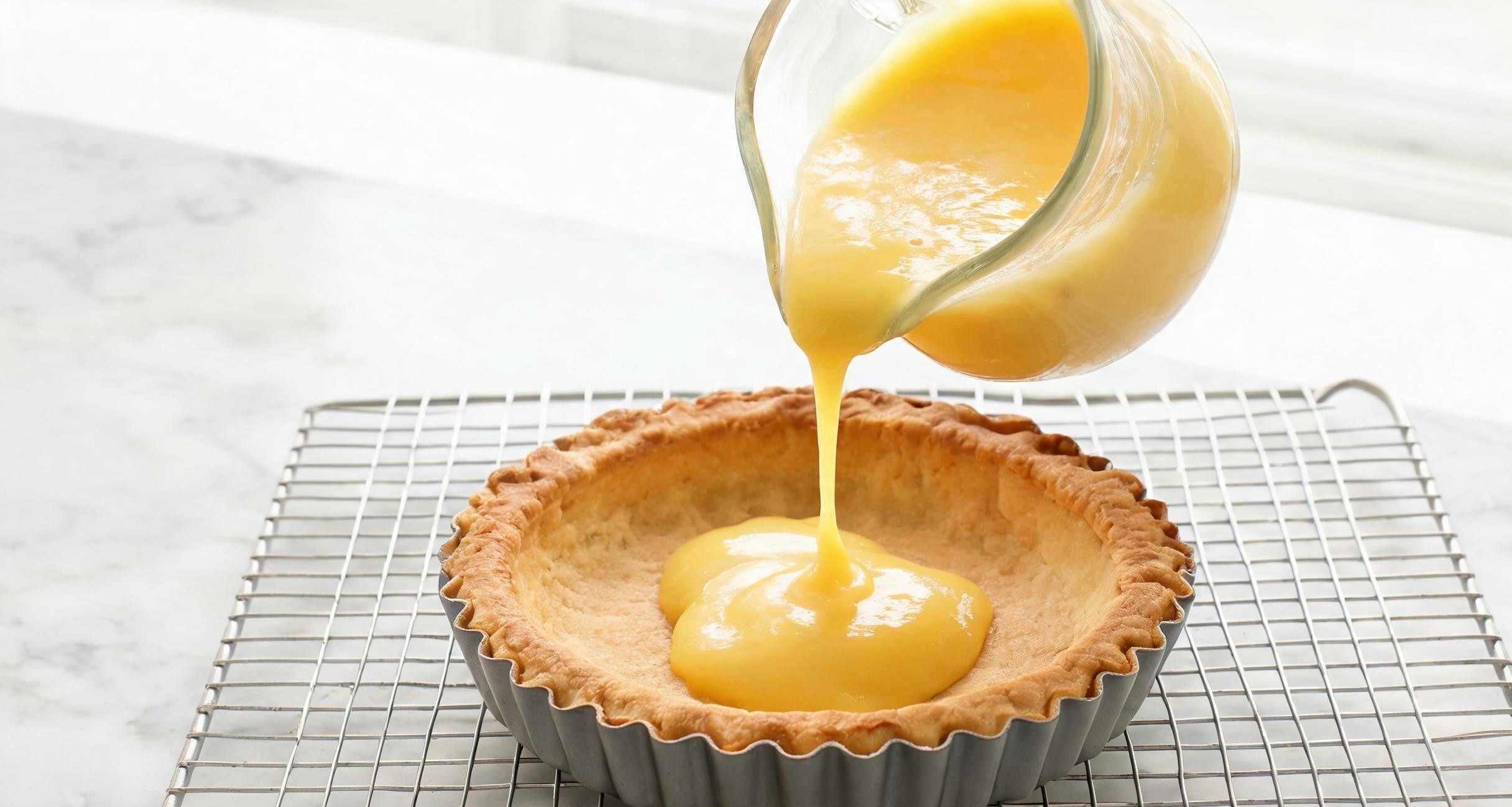 The tart being filled with lemon curd using a ladle